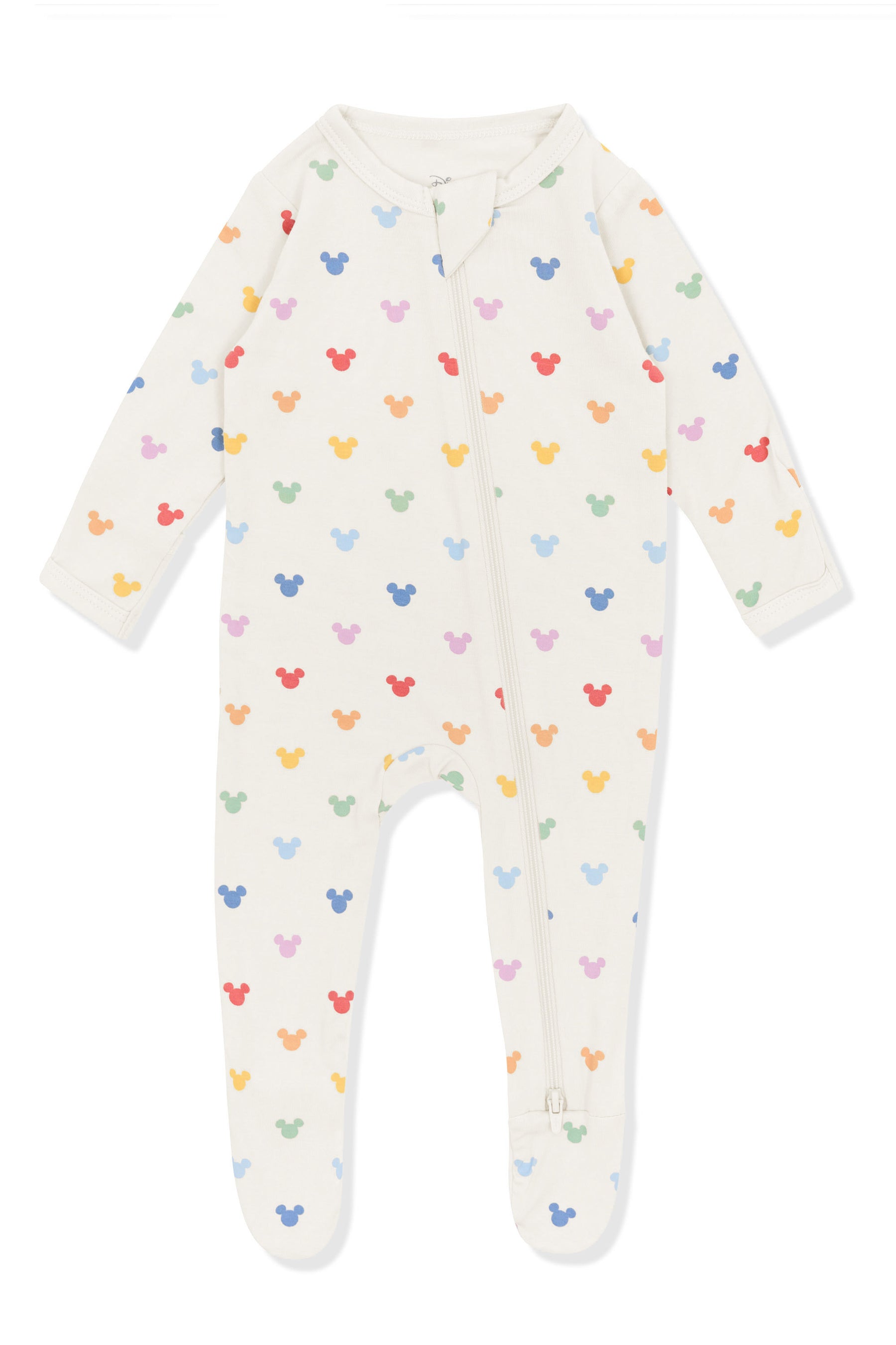 Zippered Footie with Pastel Mickey Mouse pattern on an oat background