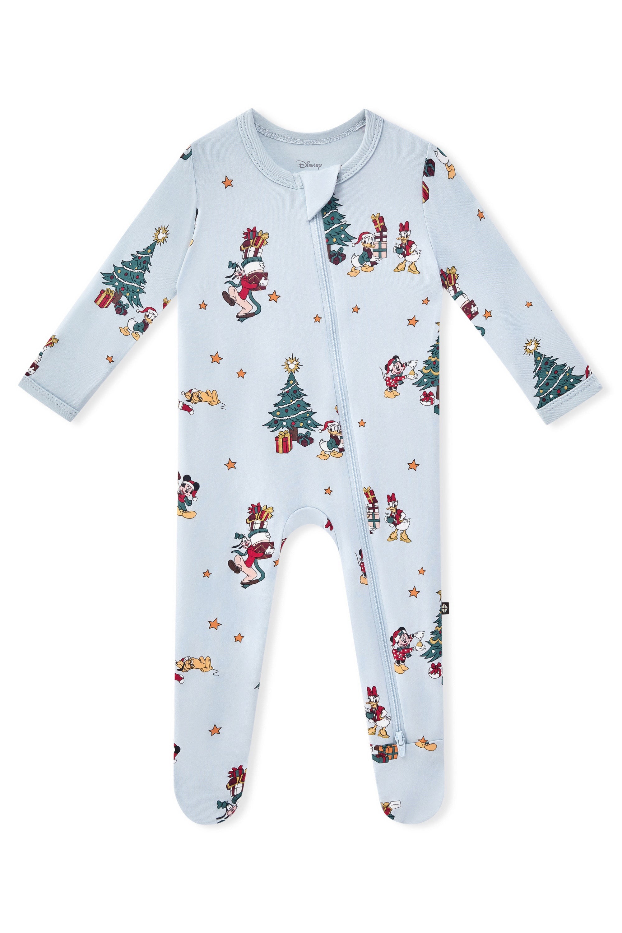 Zippered Footie in Mickey & Friends Christmas print on a white background