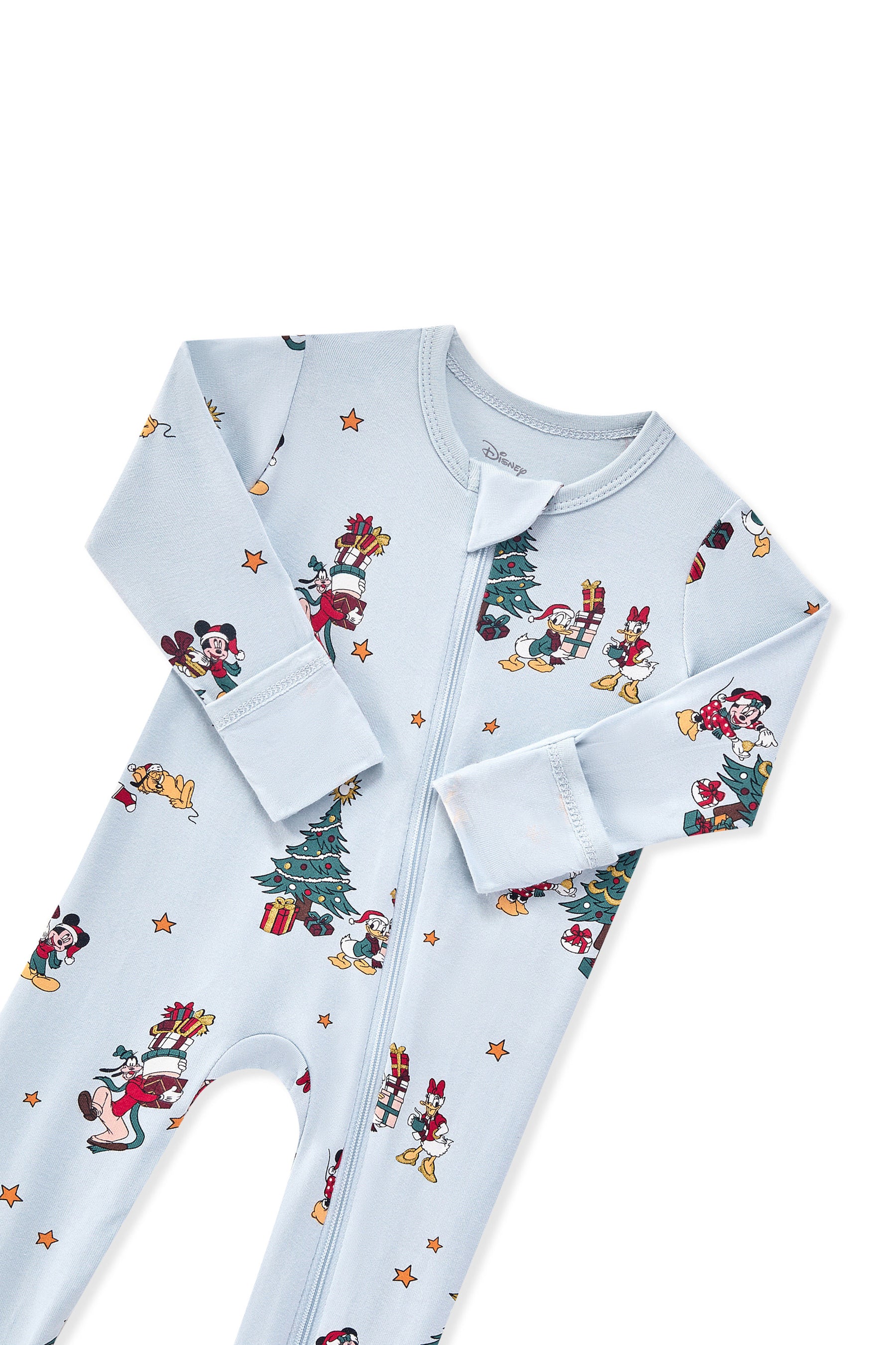 Zippered Footie in Mickey & Friends Christmas print with a zipper garage on a white background