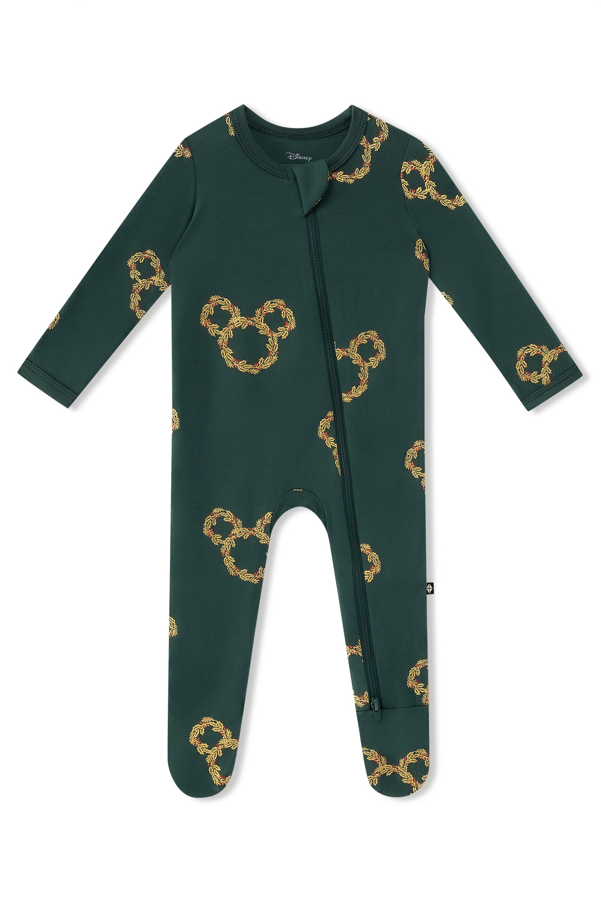 Zippered Footie in Mickey Christmas Wreath print on a white background