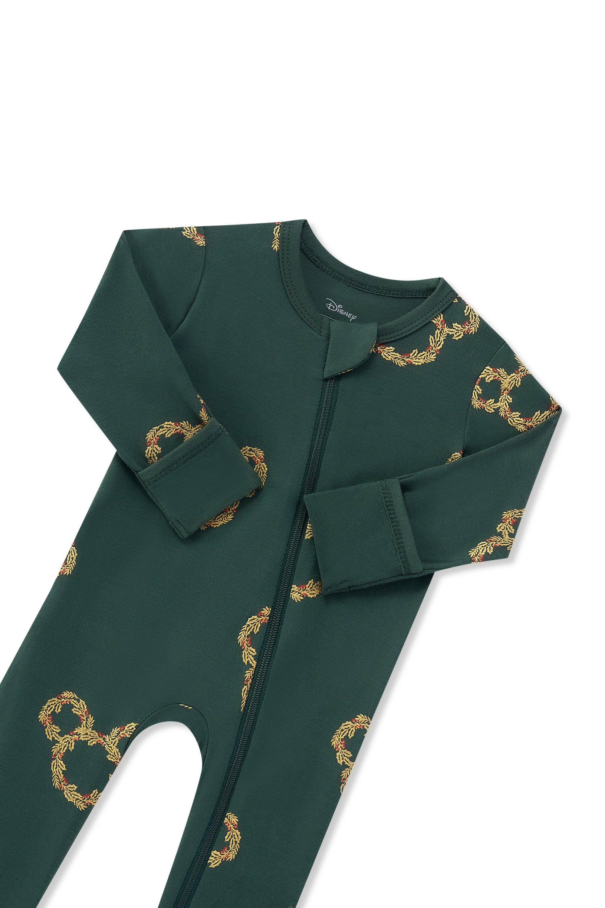 Zippered Footie in Mickey Christmas Wreath print with zipper garage on a white background