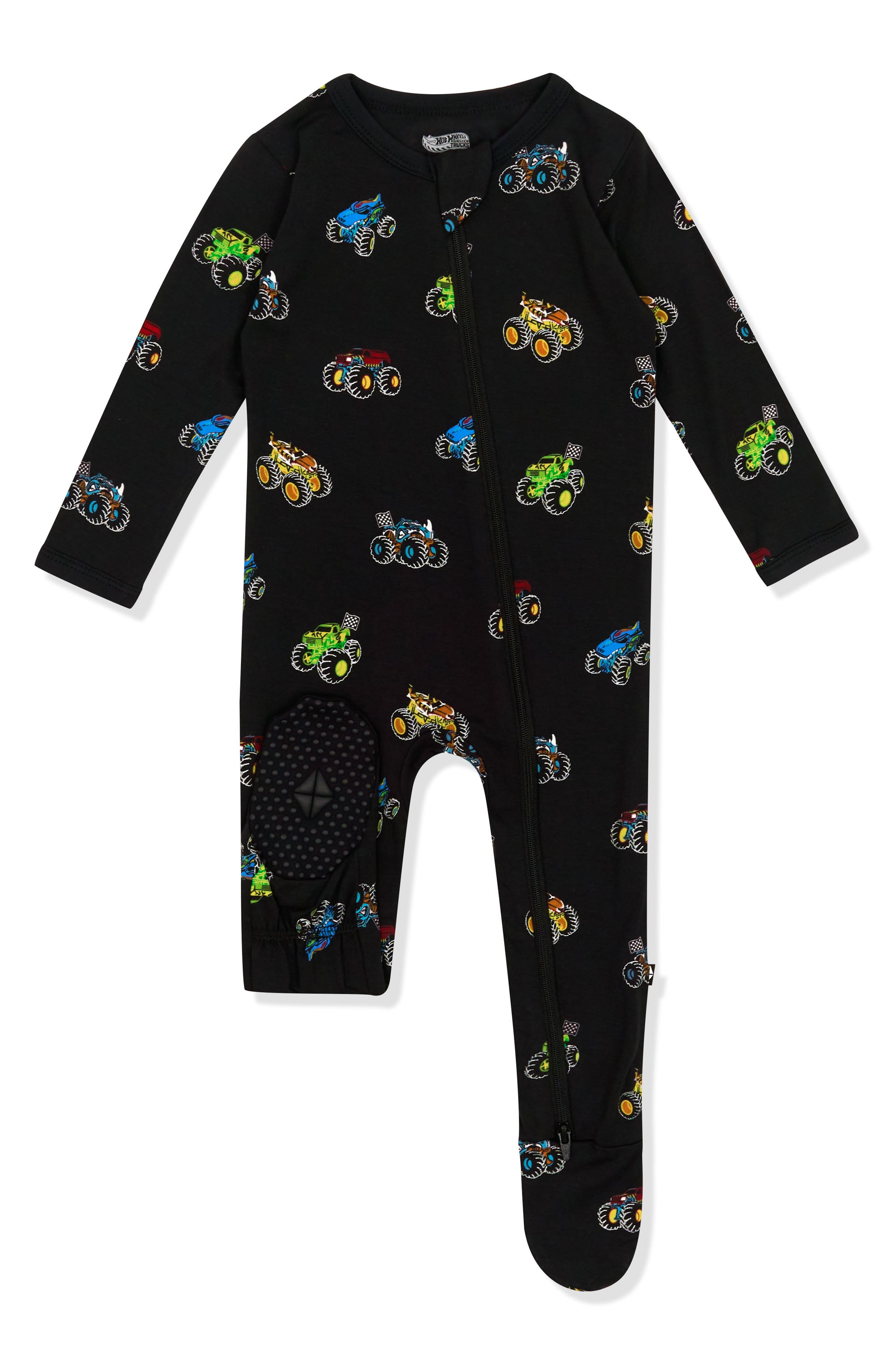 Footies of Zippered Footie in Monster Truck print on white background