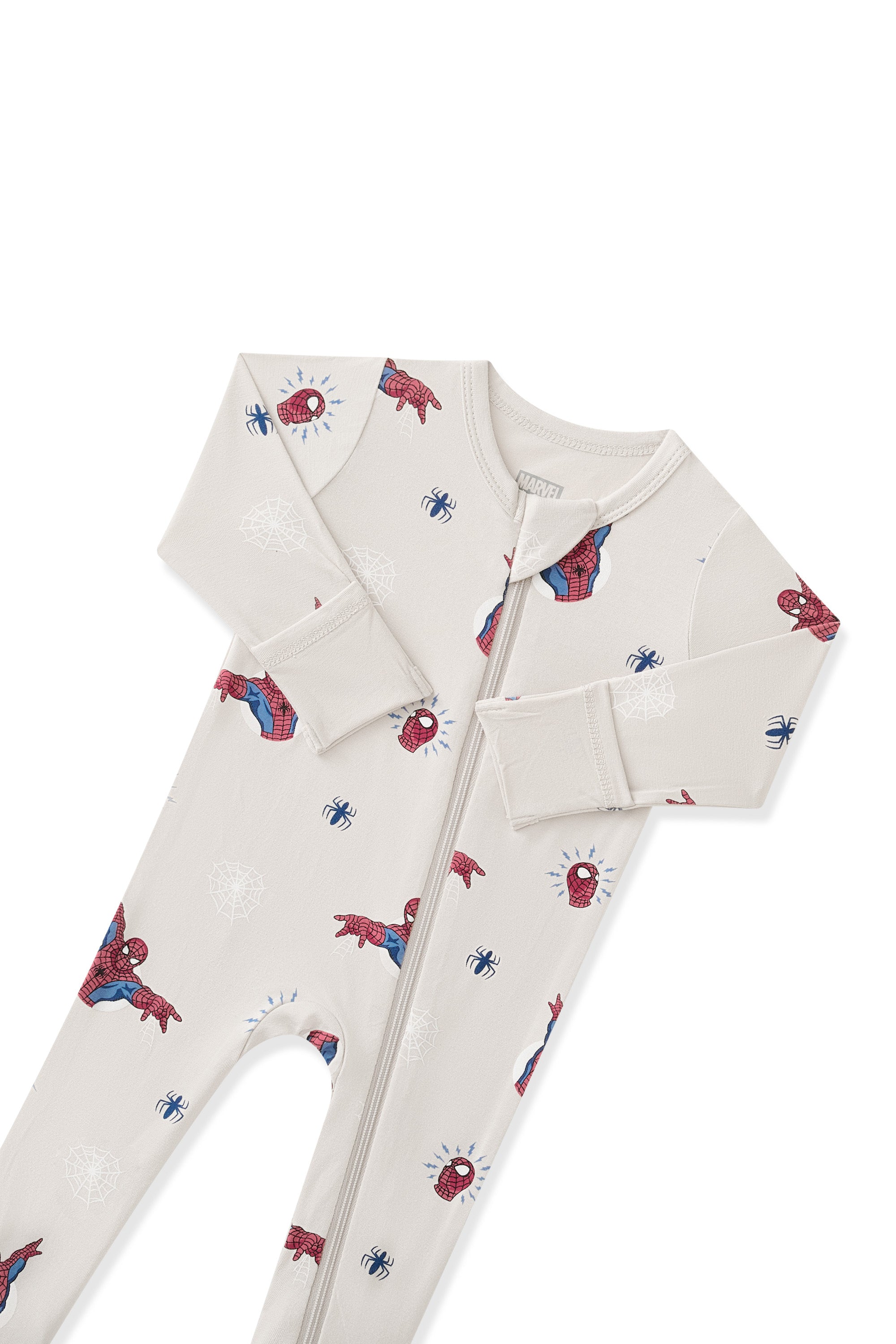 Oat Zippered Footie with Spider-Man print with zipper garage on a white background