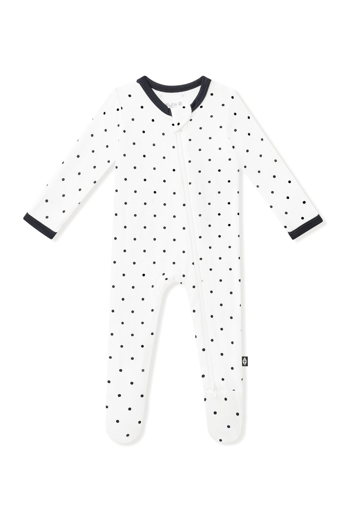Zippered Footie in Midnight Polka Dot with black trim white background