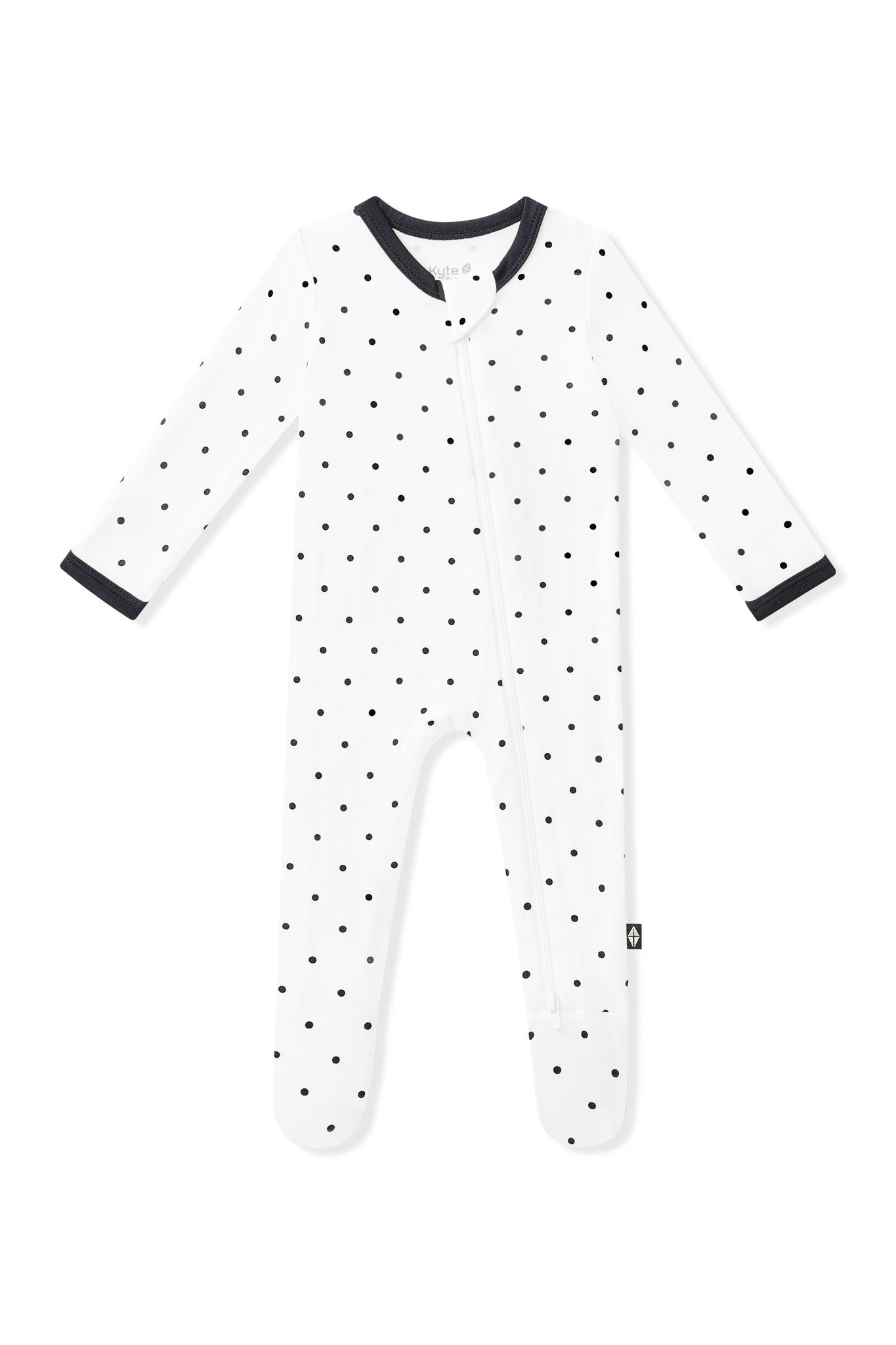 Zippered Footie in Midnight Polka Dot with black trim white background