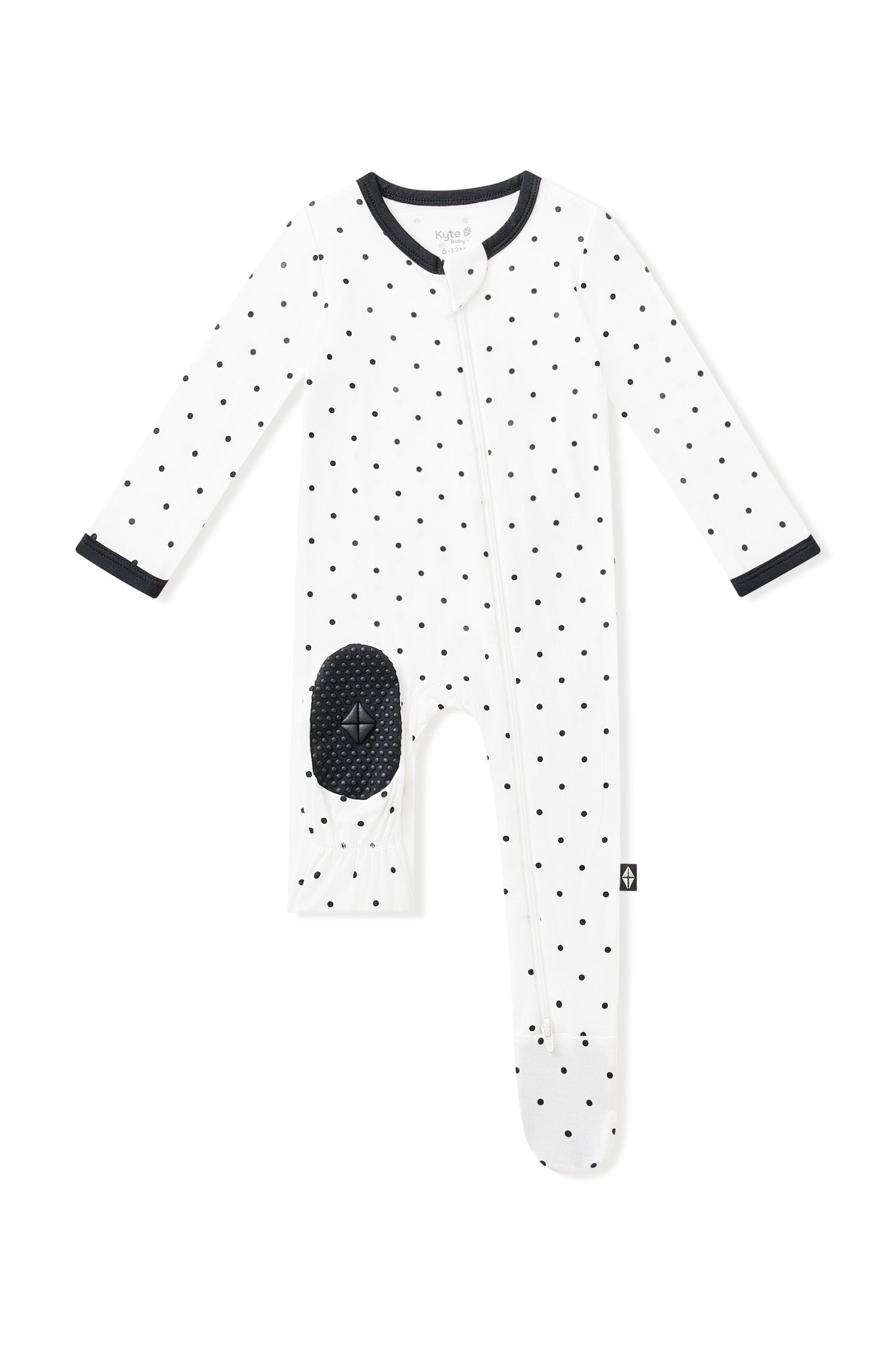 Bottom part of Zippered Footie in Midnight Polka Dot with black trim white background