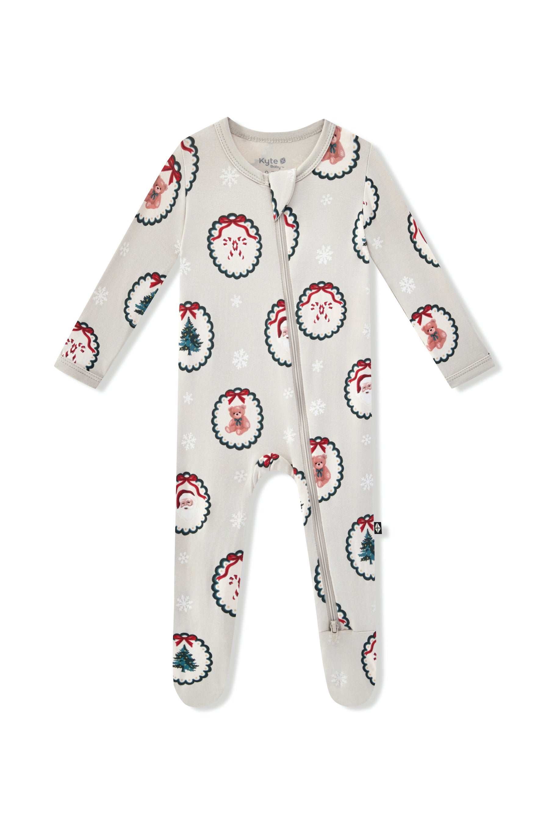 Zippered Footie in Holiday Medallion print on a white background 