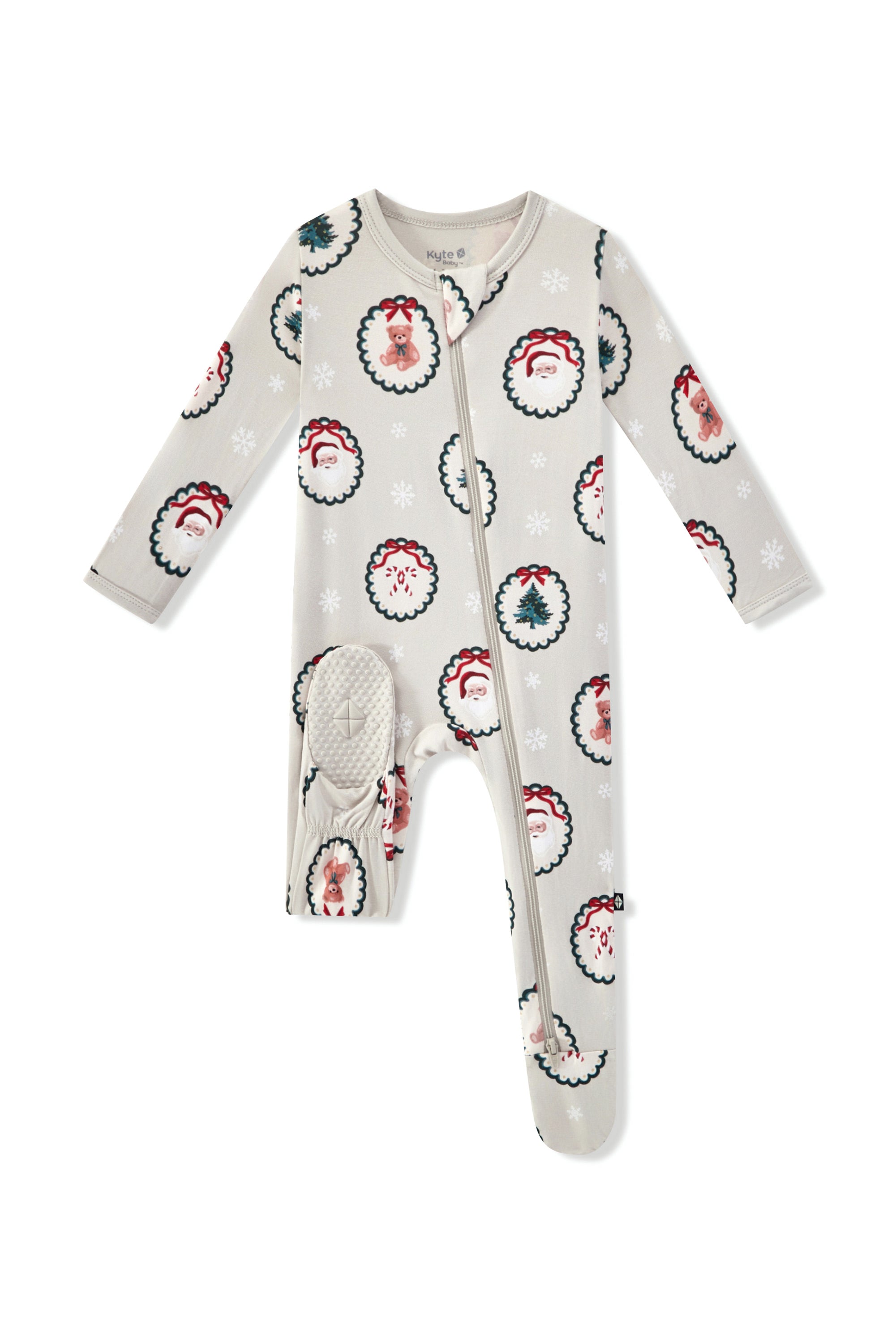 Zippered Footie in Holiday Medallion print with dotted footie on a white background 