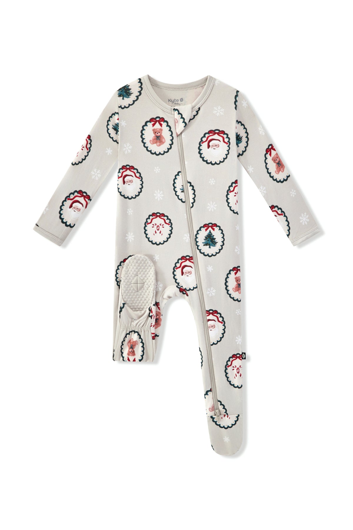 Zippered Footie in Holiday Medallion print with dotted footie on a white background 
