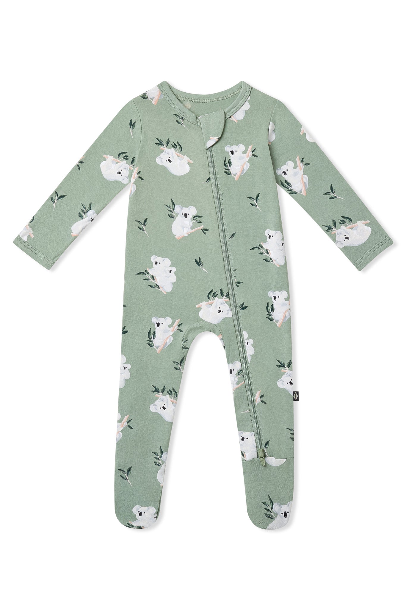 Product photo of the Zippered Footie in Koala shown on a white background