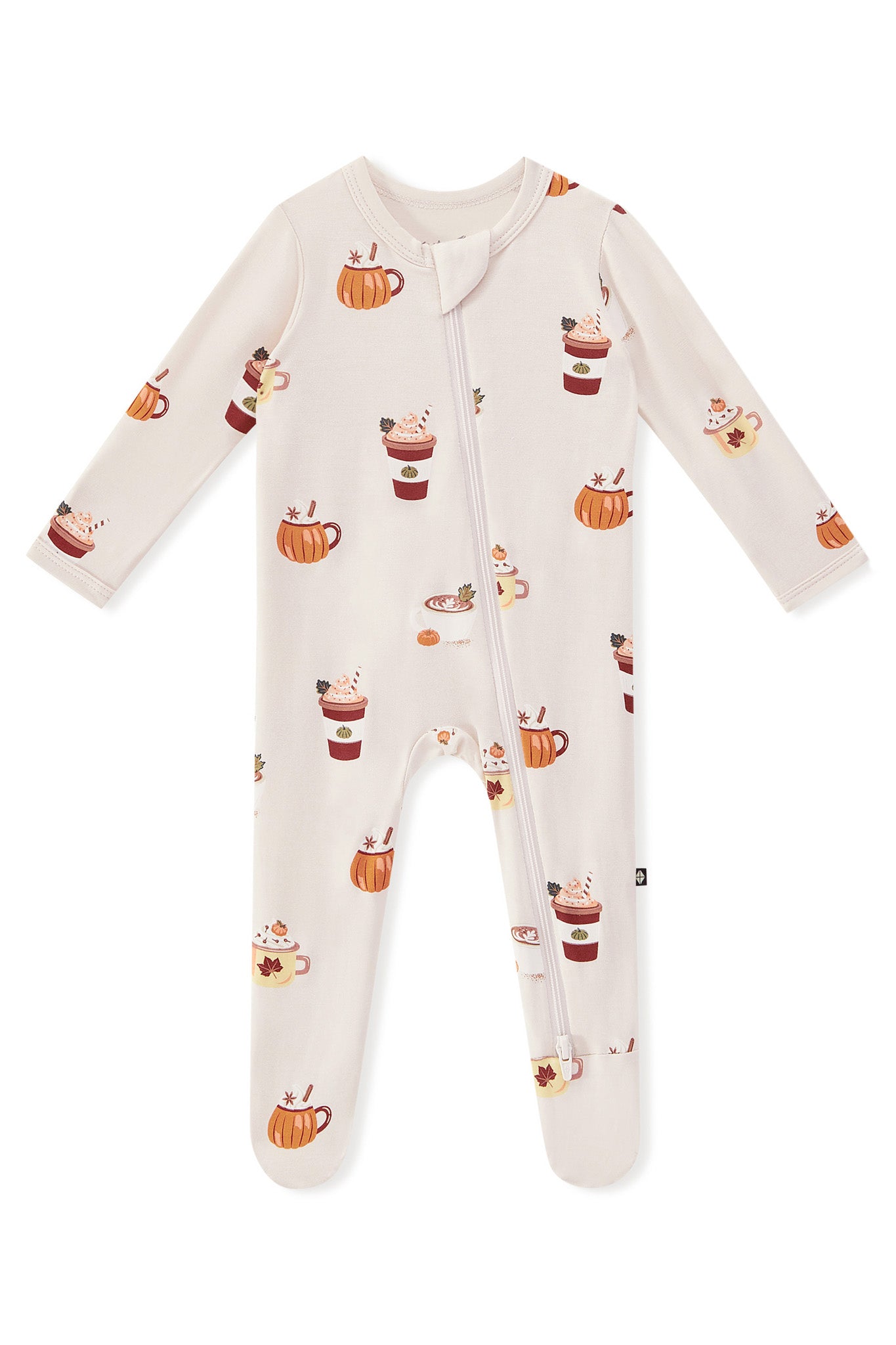 Zippered Footie in Pumpkin Spice Latte print on a white background
