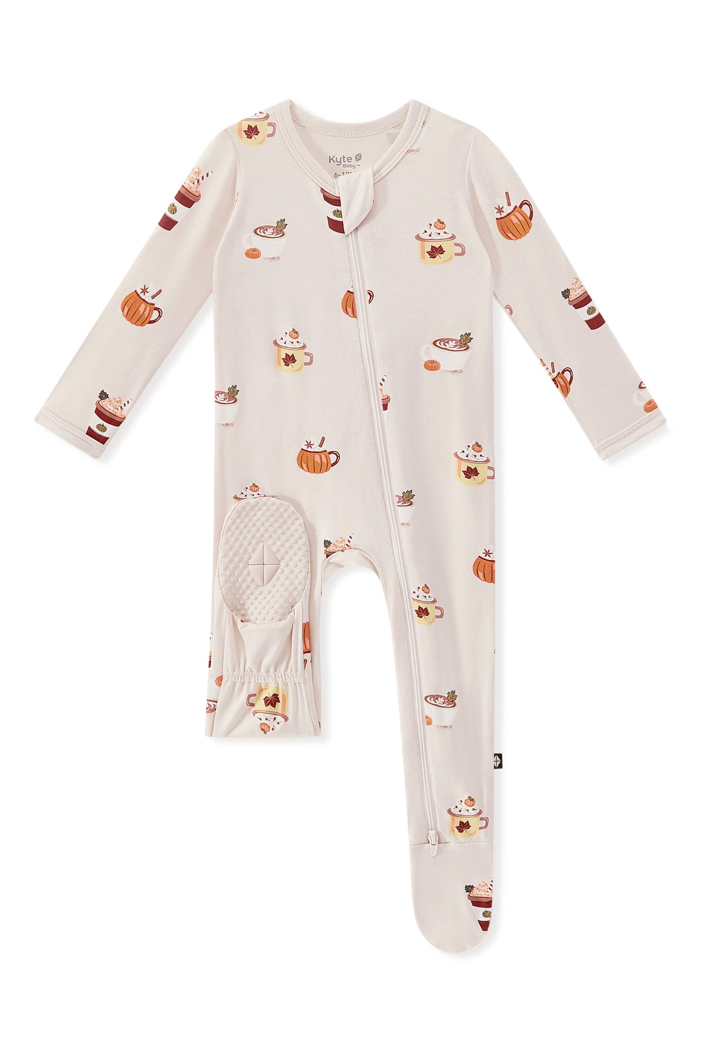 Zippered Footie in Pumpkin Spice Latte print with dotted footie on a white background