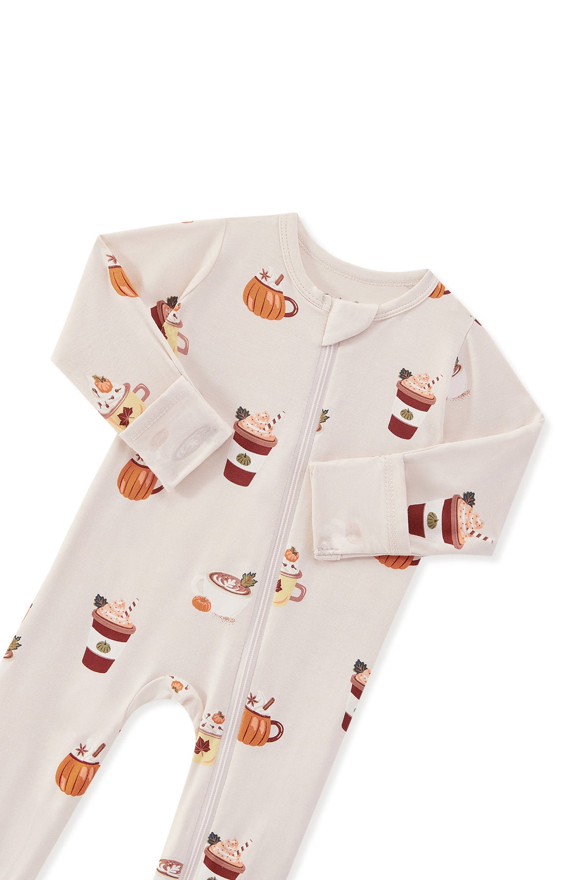 Zippered Footie in Pumpkin Spice Latte print with zipper garage on a white background