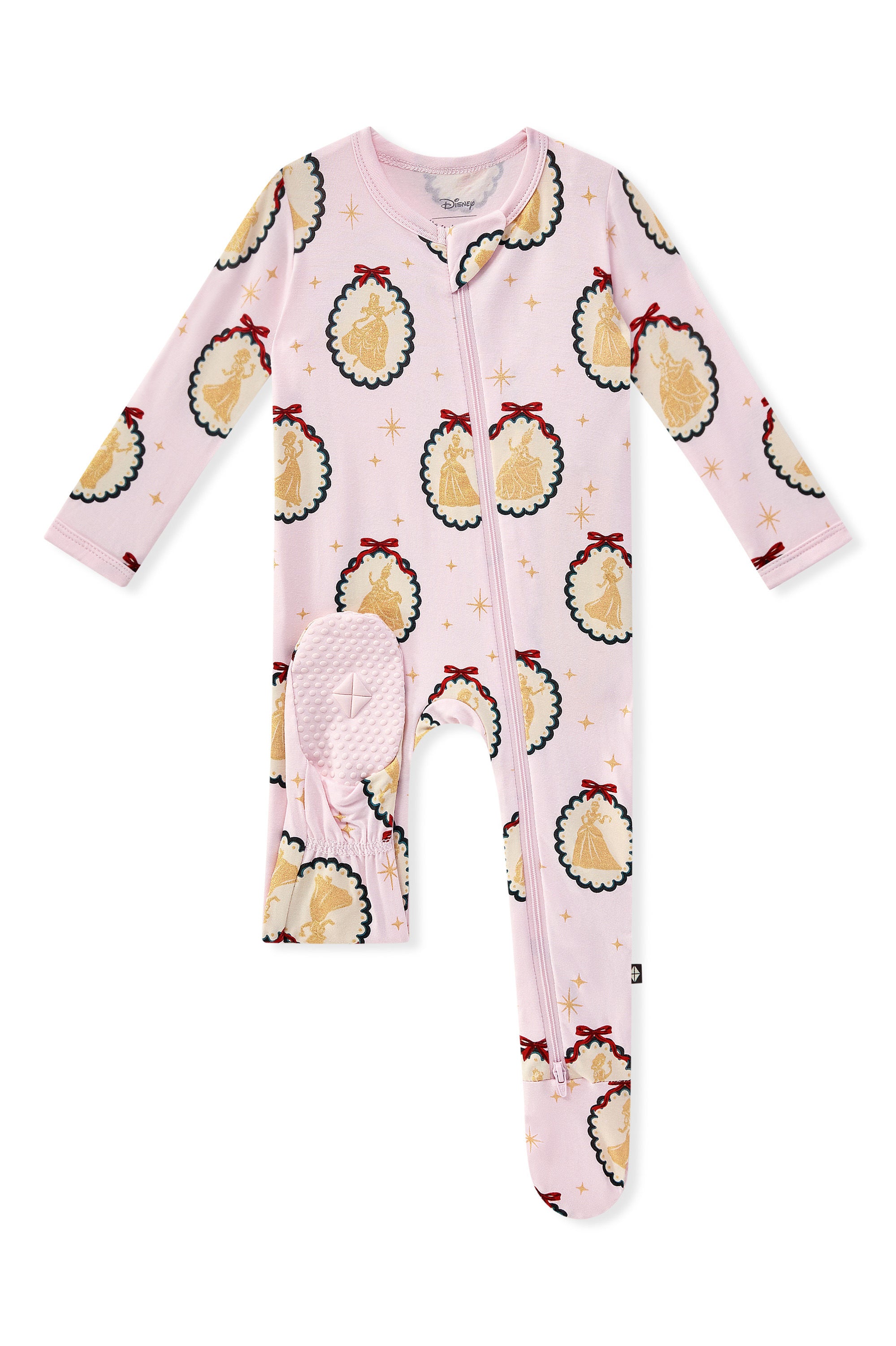 Zippered Footie in Princess Holiday Portraits print with dooted footie on a white background
