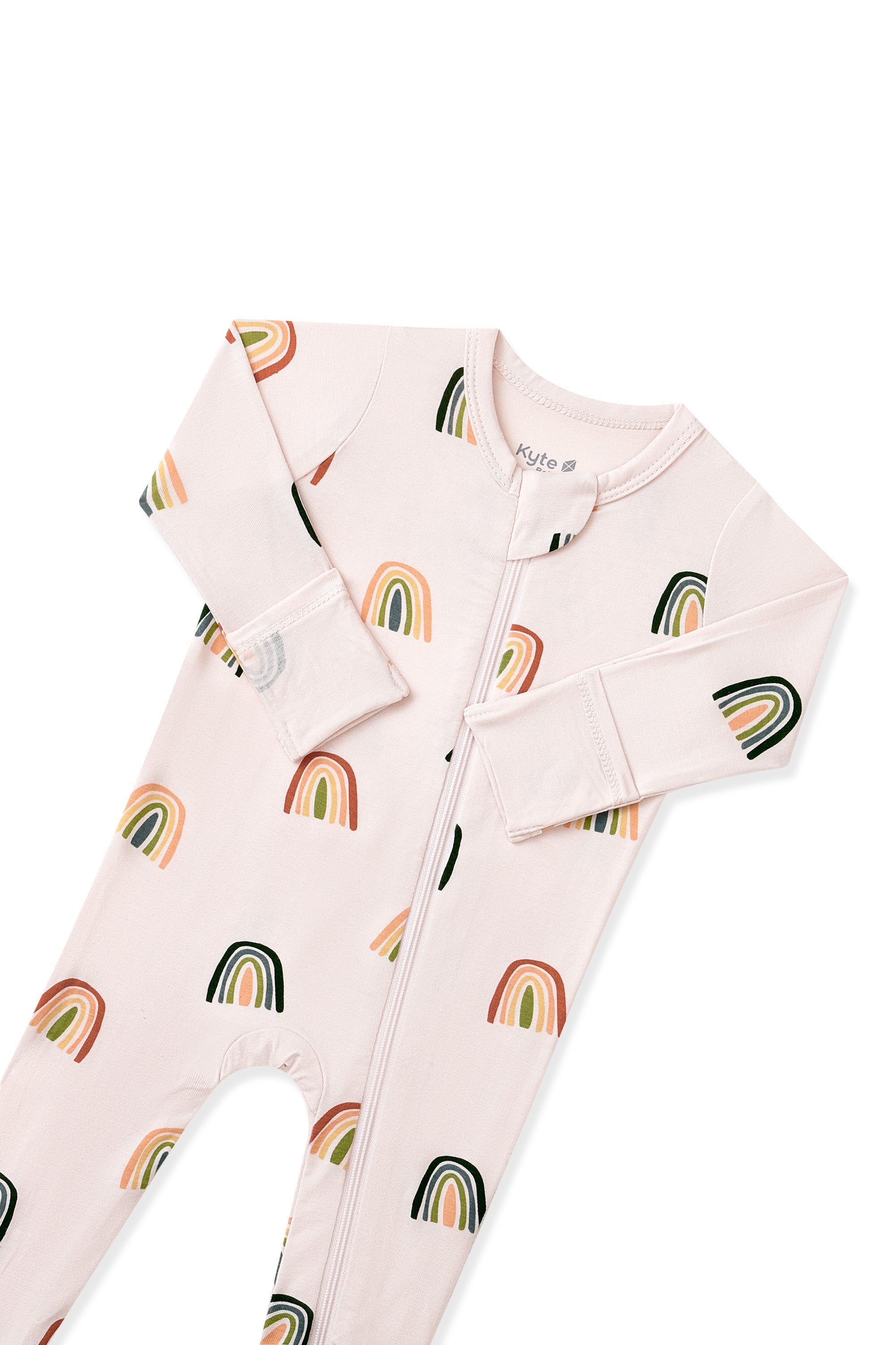 Vanilla cream Zippered Footie in Retro Rainbow print with zipper garage on a white background