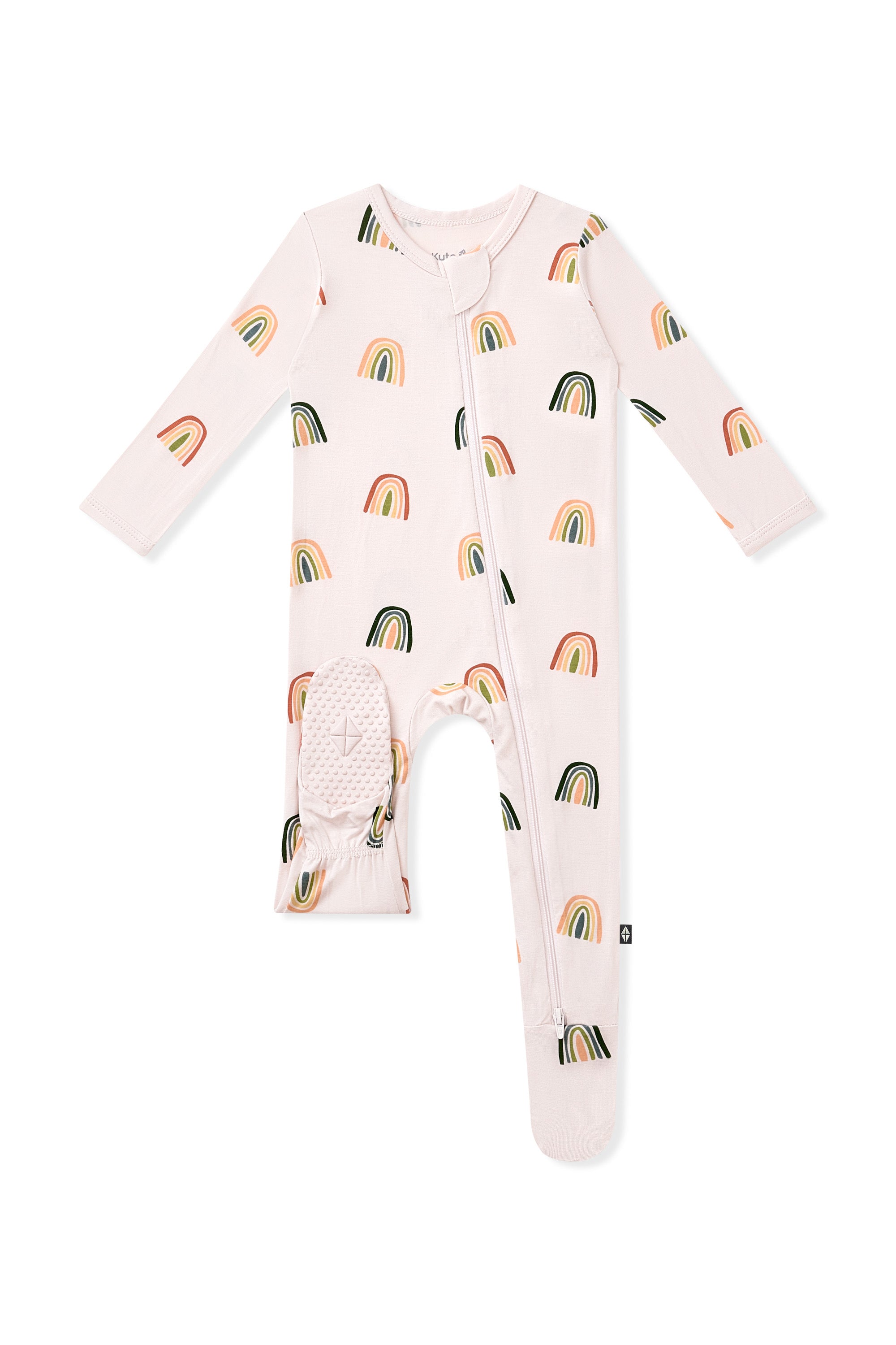Dotted footie of Vanilla cream Zippered Footie in Retro Rainbow print on a white background