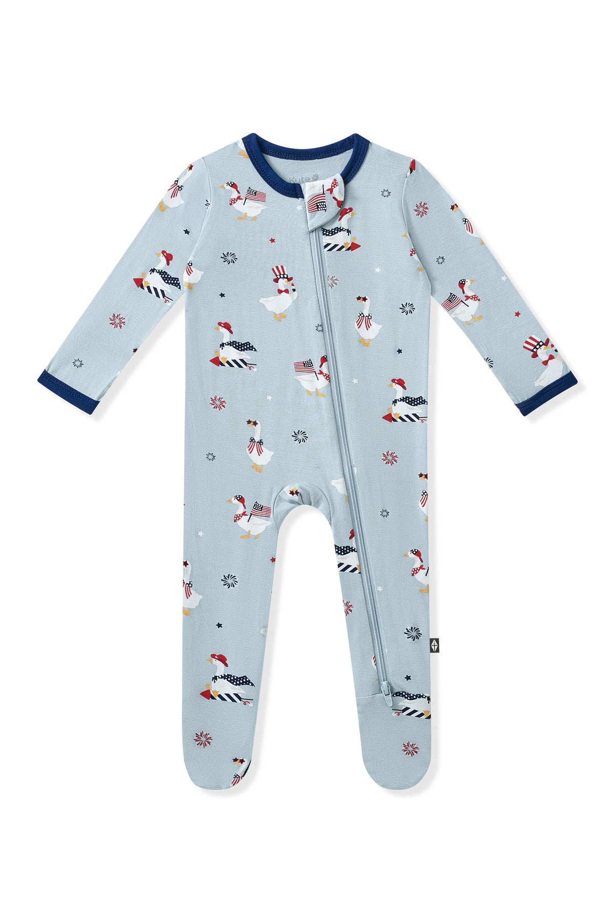 Light blue Zippered Footie in Patriotic Goose print on a white background