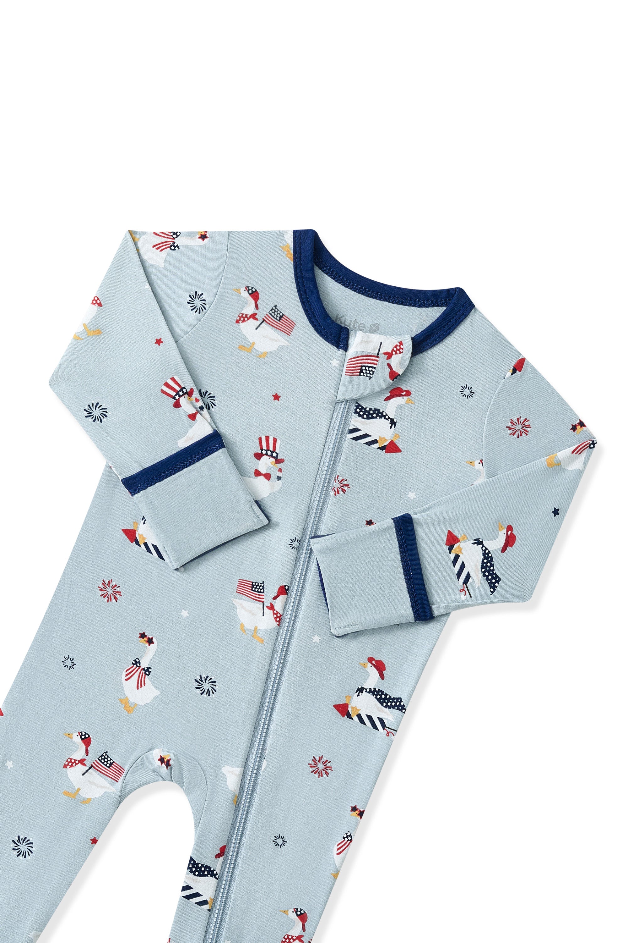Light blue Zippered Footie in Patriotic Goose print on a white background