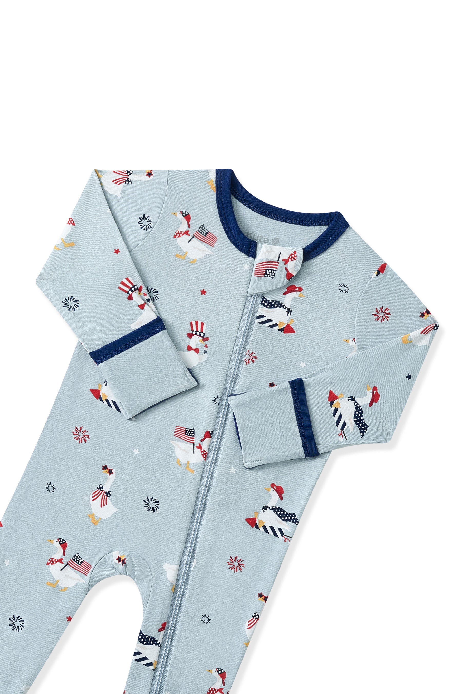Light blue Zippered Footie in Patriotic Goose print on a white background
