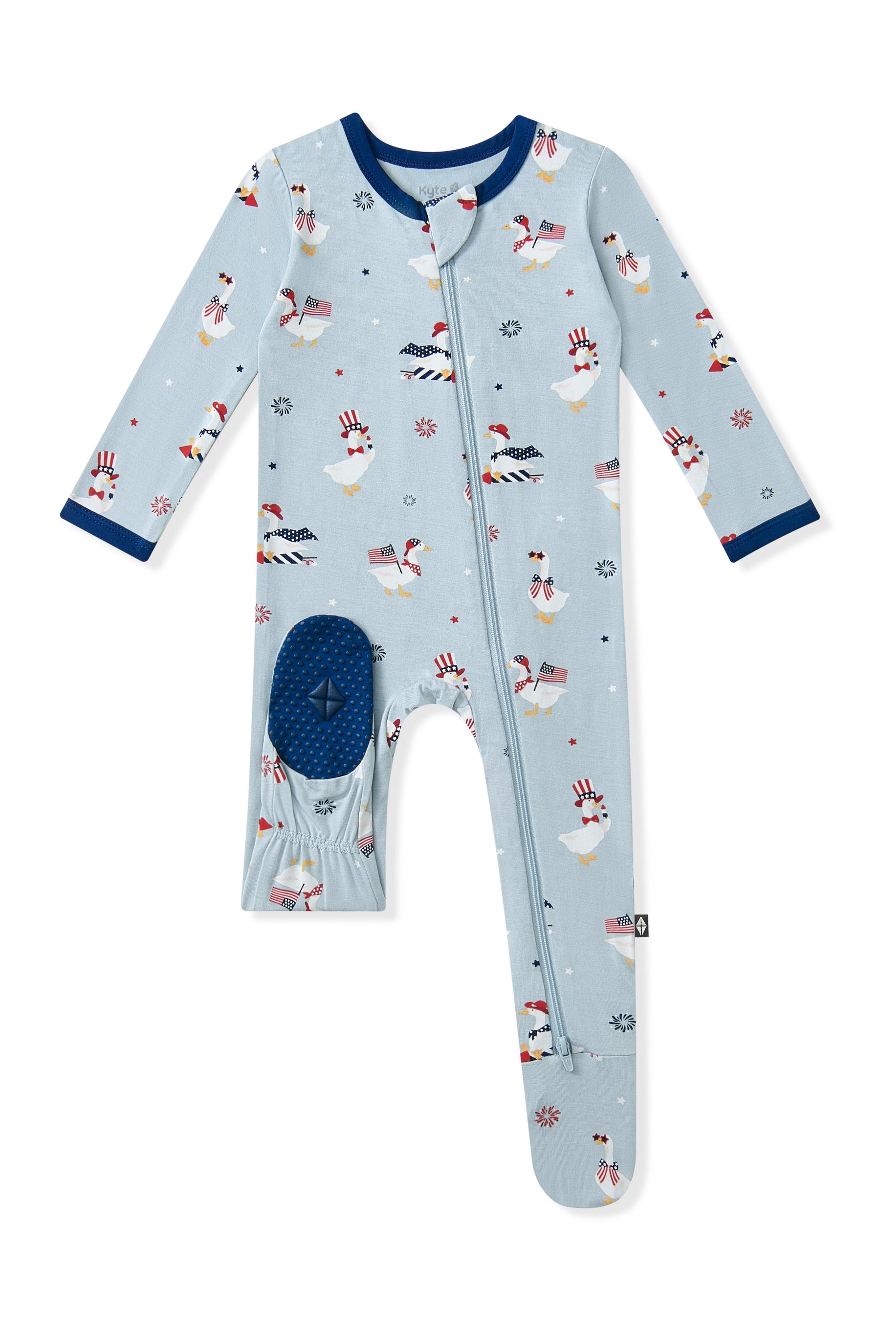 Light blue Zippered Footie in Patriotic Goose print on a white background