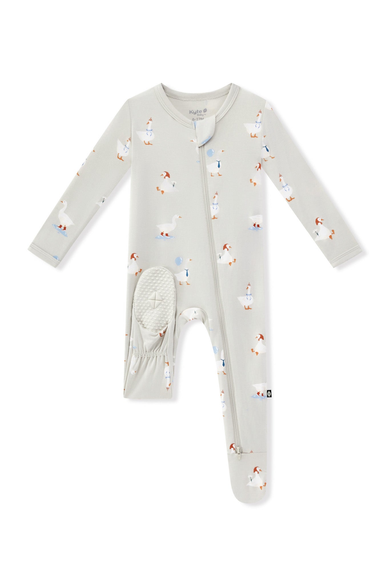 Zippered Footie in Oat Silly Goose print with dotted footie on a white background