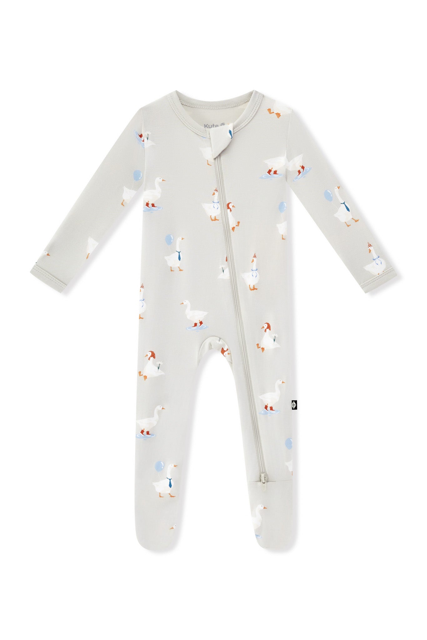 Zippered Footie in Oat Silly Goose print on a white background
