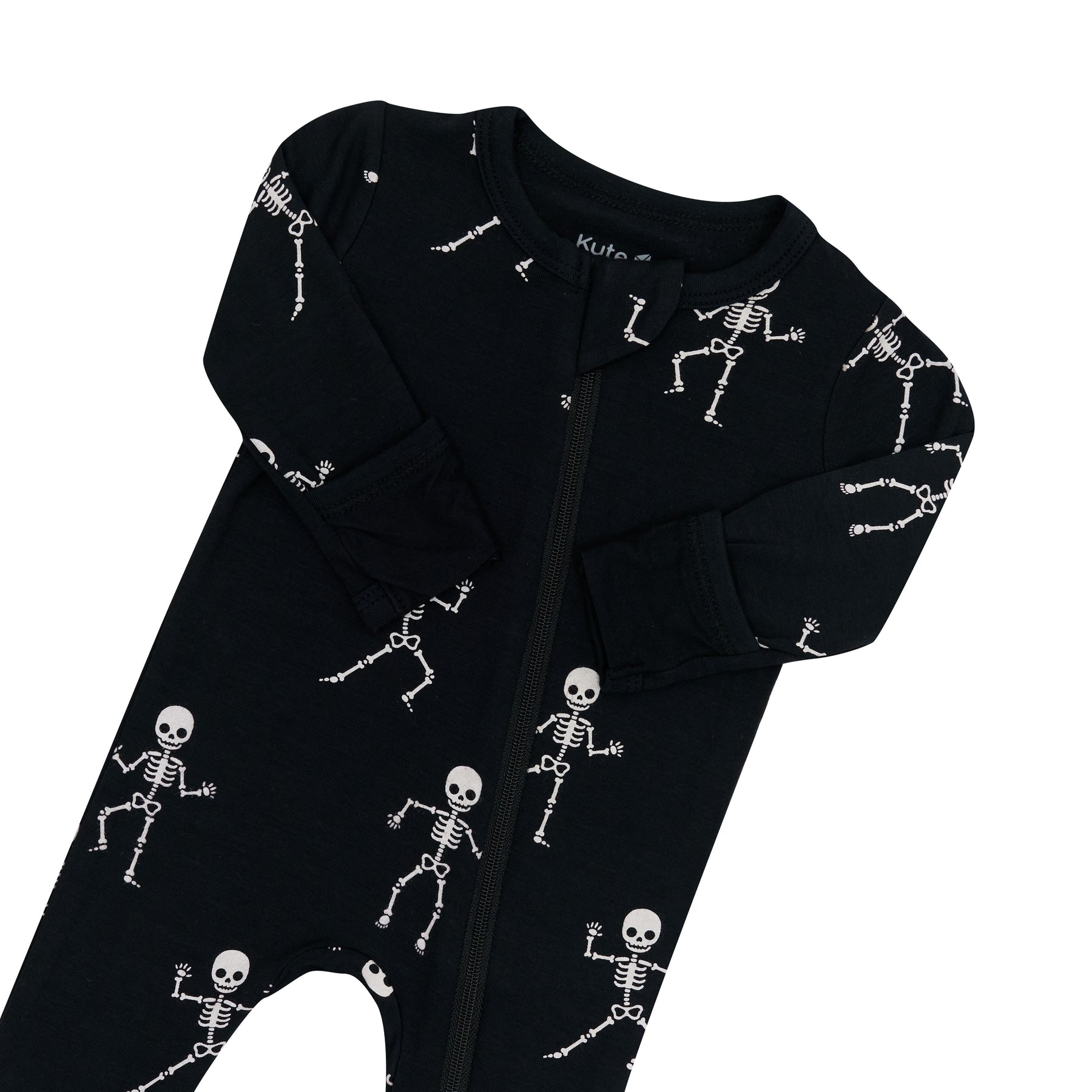 Zipper garage and fold over cuffs on Zippered Footie in Skeleton
