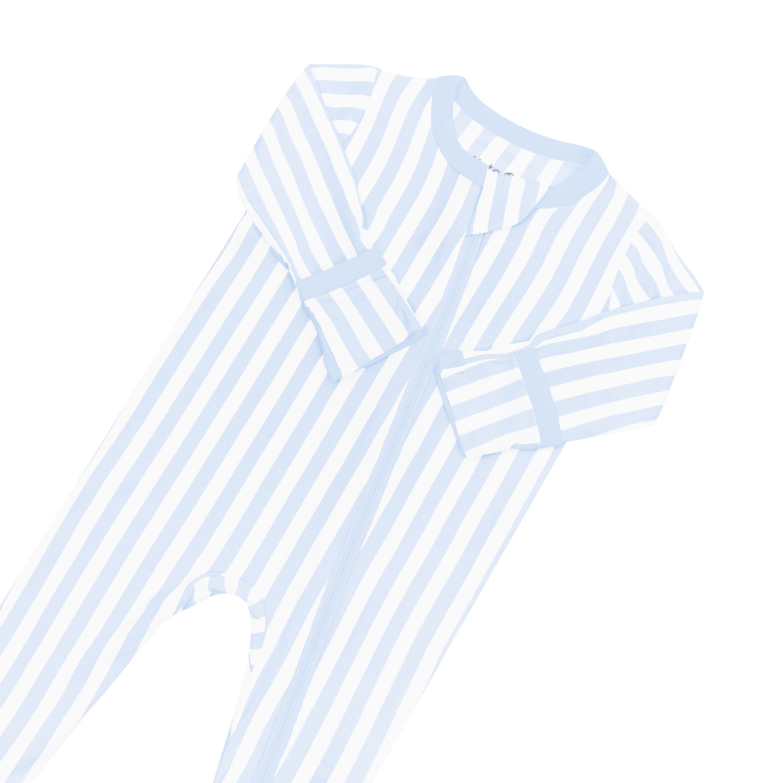 Zipper garage and fold over mittens on Zippered Footie in Small Mist blue and white Stripe