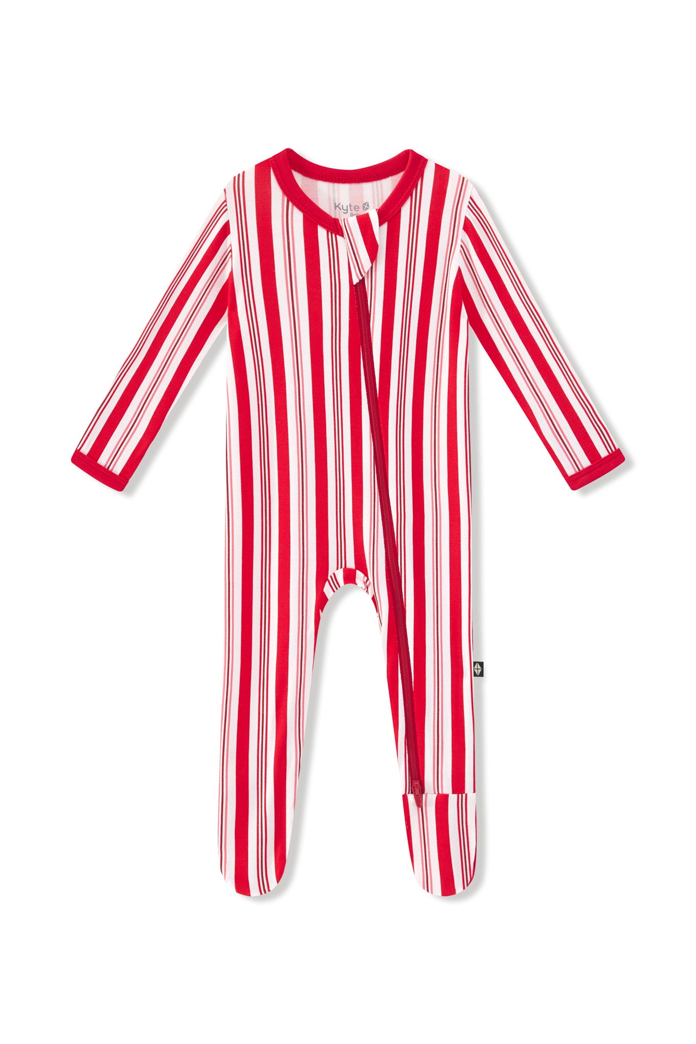 Zippered Footie in red and white Peppermint Stripes print on a white background