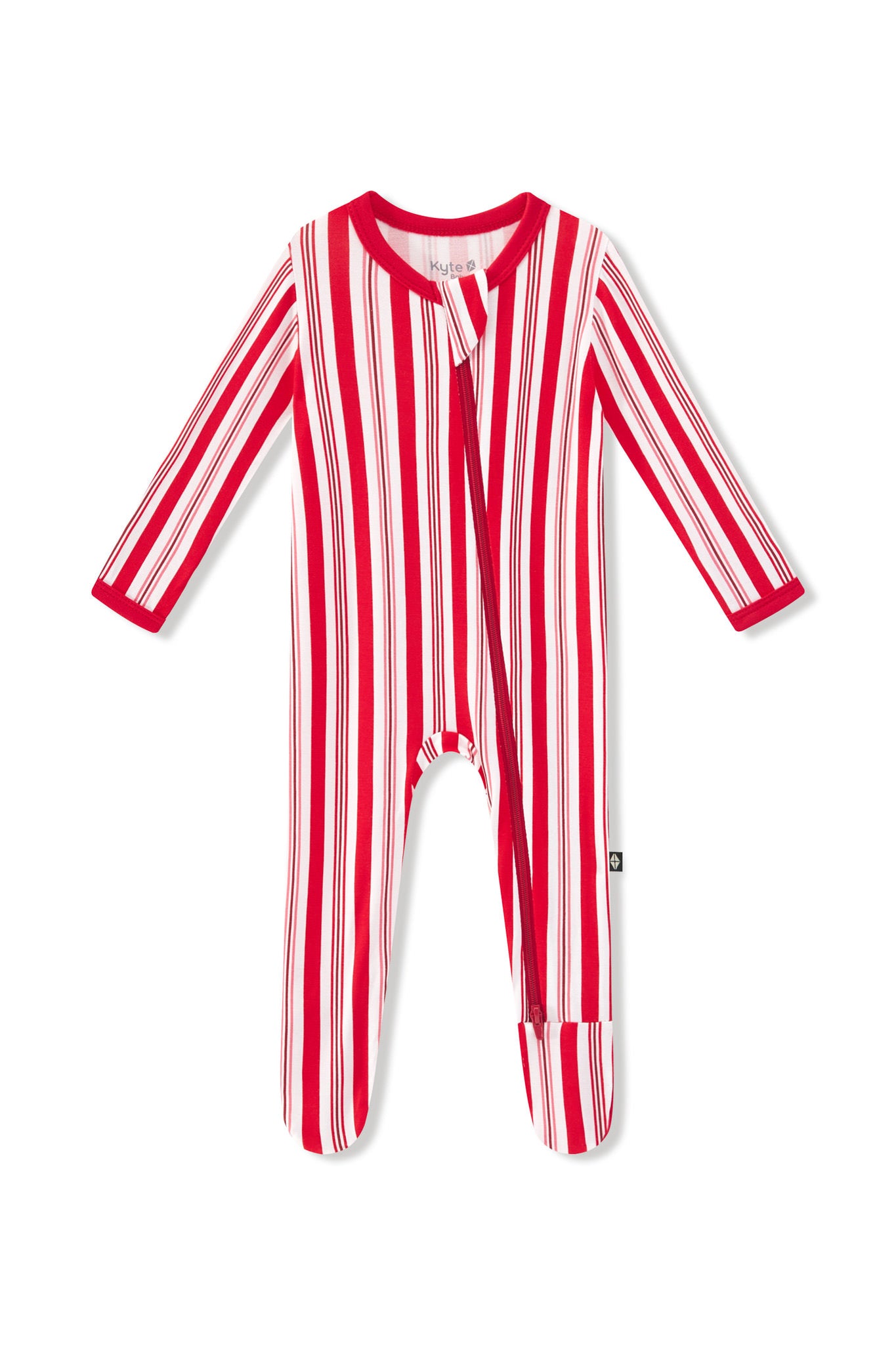 Zippered Footie in red and white Peppermint Stripes print on a white background