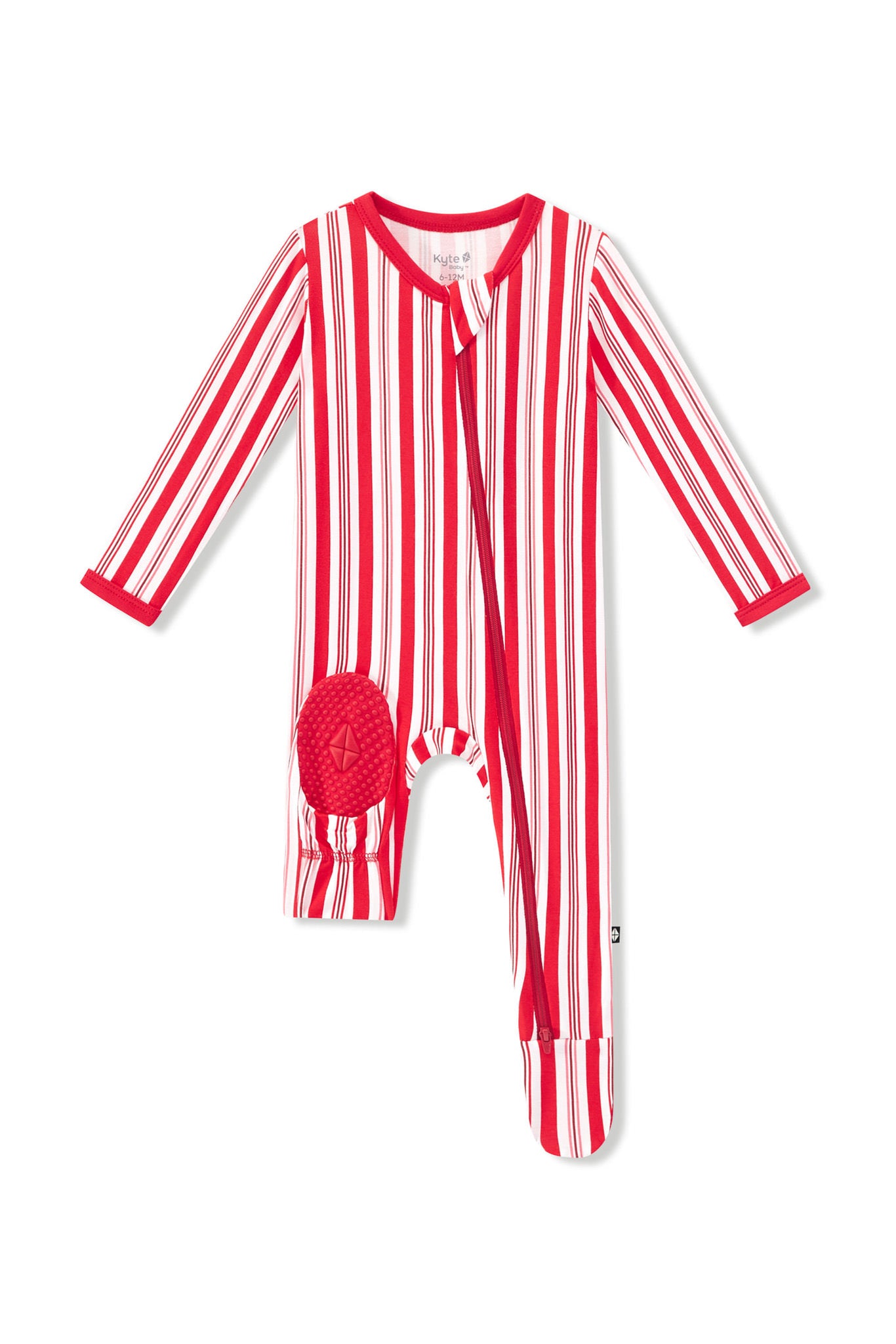 Zippered Footie in red and white Peppermint Stripes print with red dotted footie on a white background