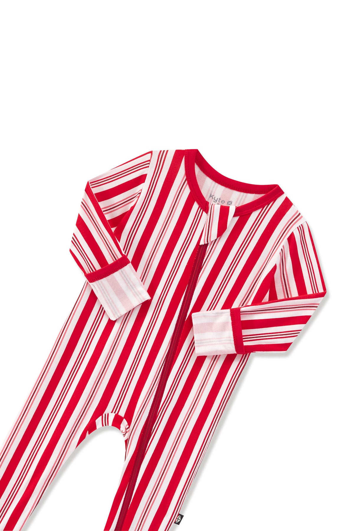 Zippered Footie in red and white Peppermint Stripes print with zipper garage on a white background