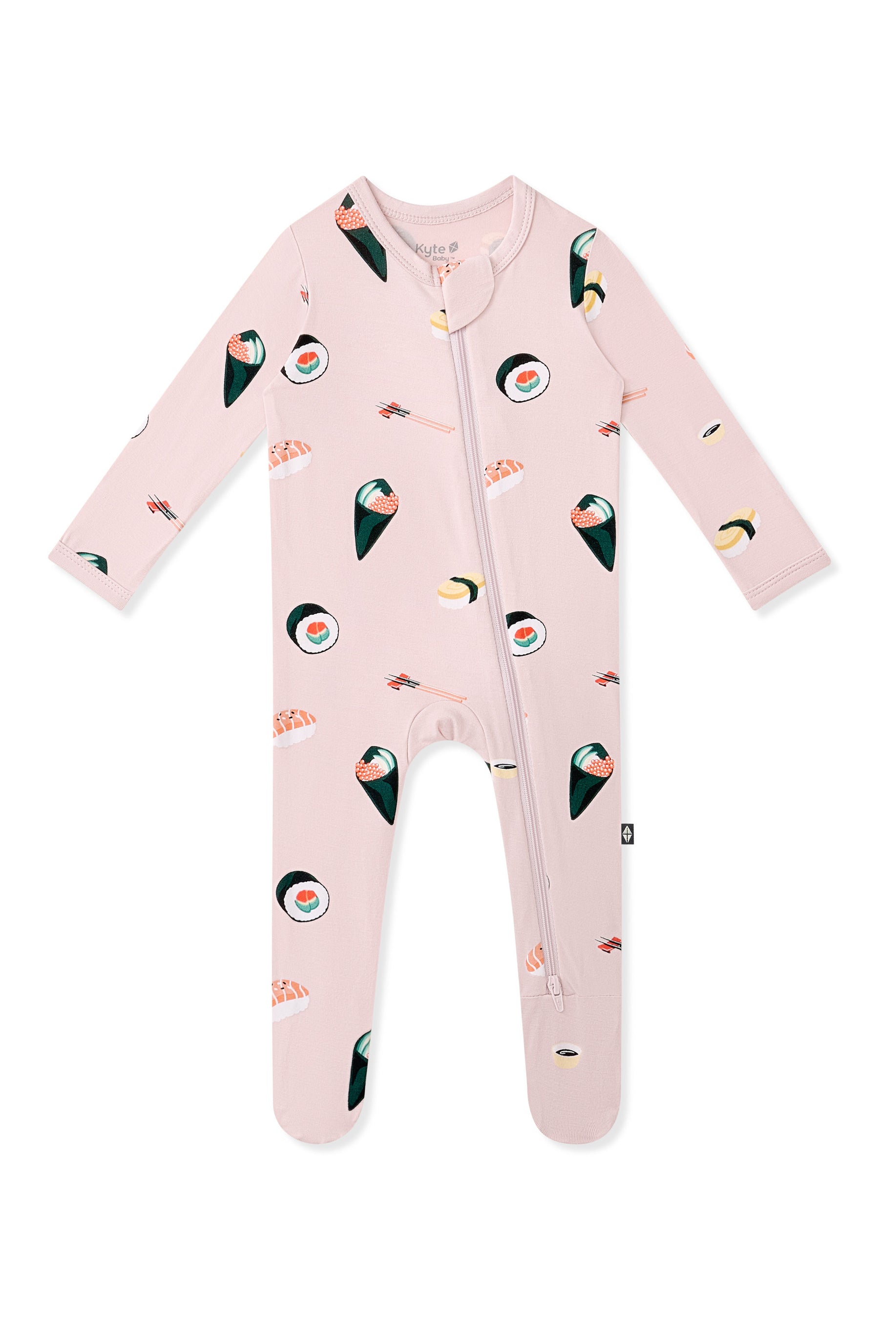 Pink Zippered Footie with Sushi pattern on a white background