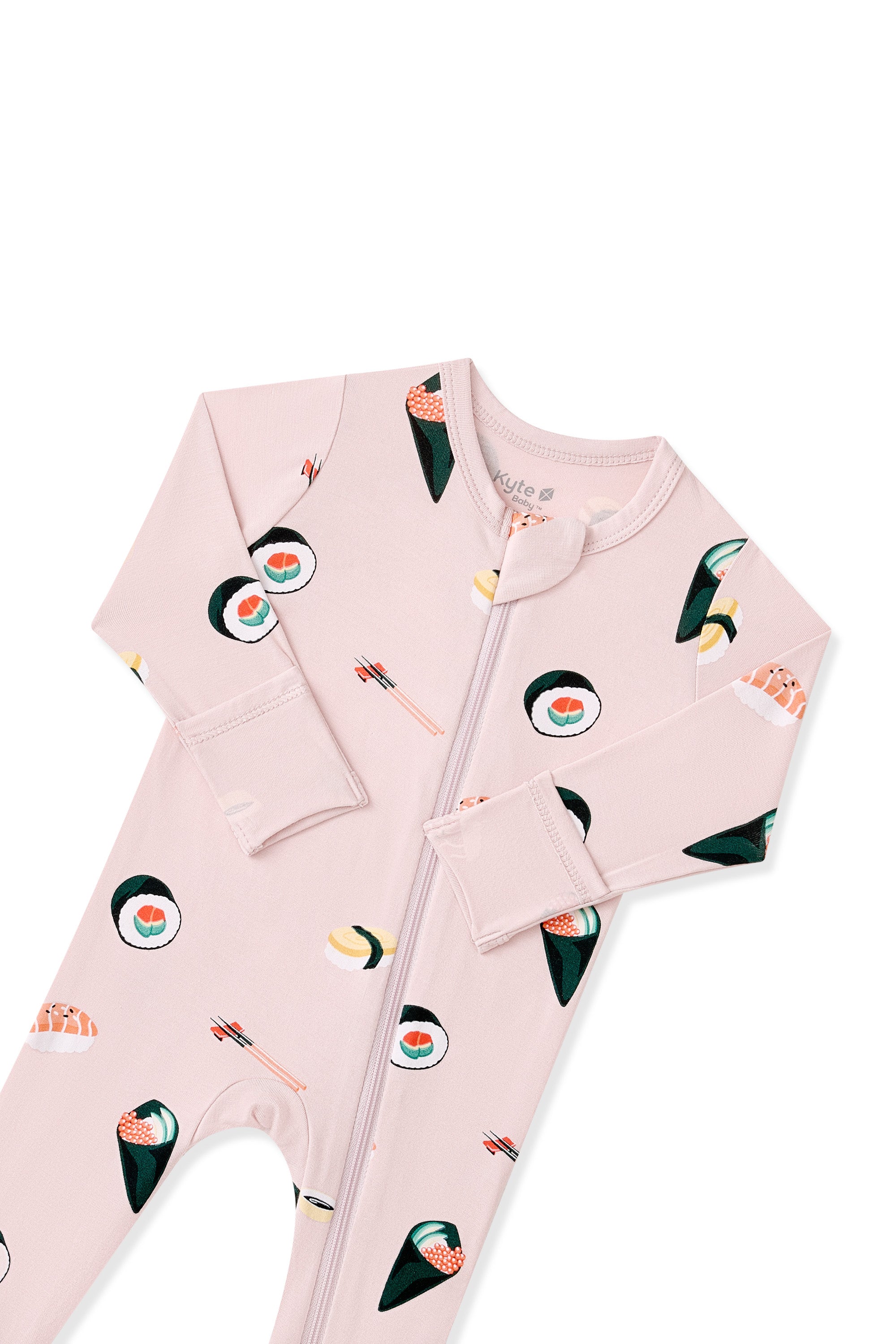 Top part of Pink Zippered Footie with Sushi pattern on a white background