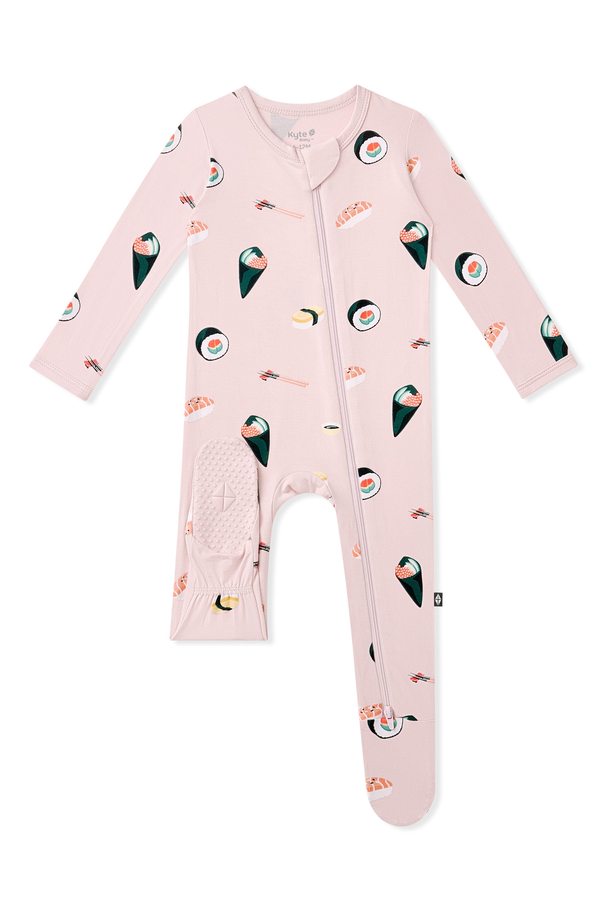 Dotted footie on Pink Zippered Footie with Sushi pattern on a white background