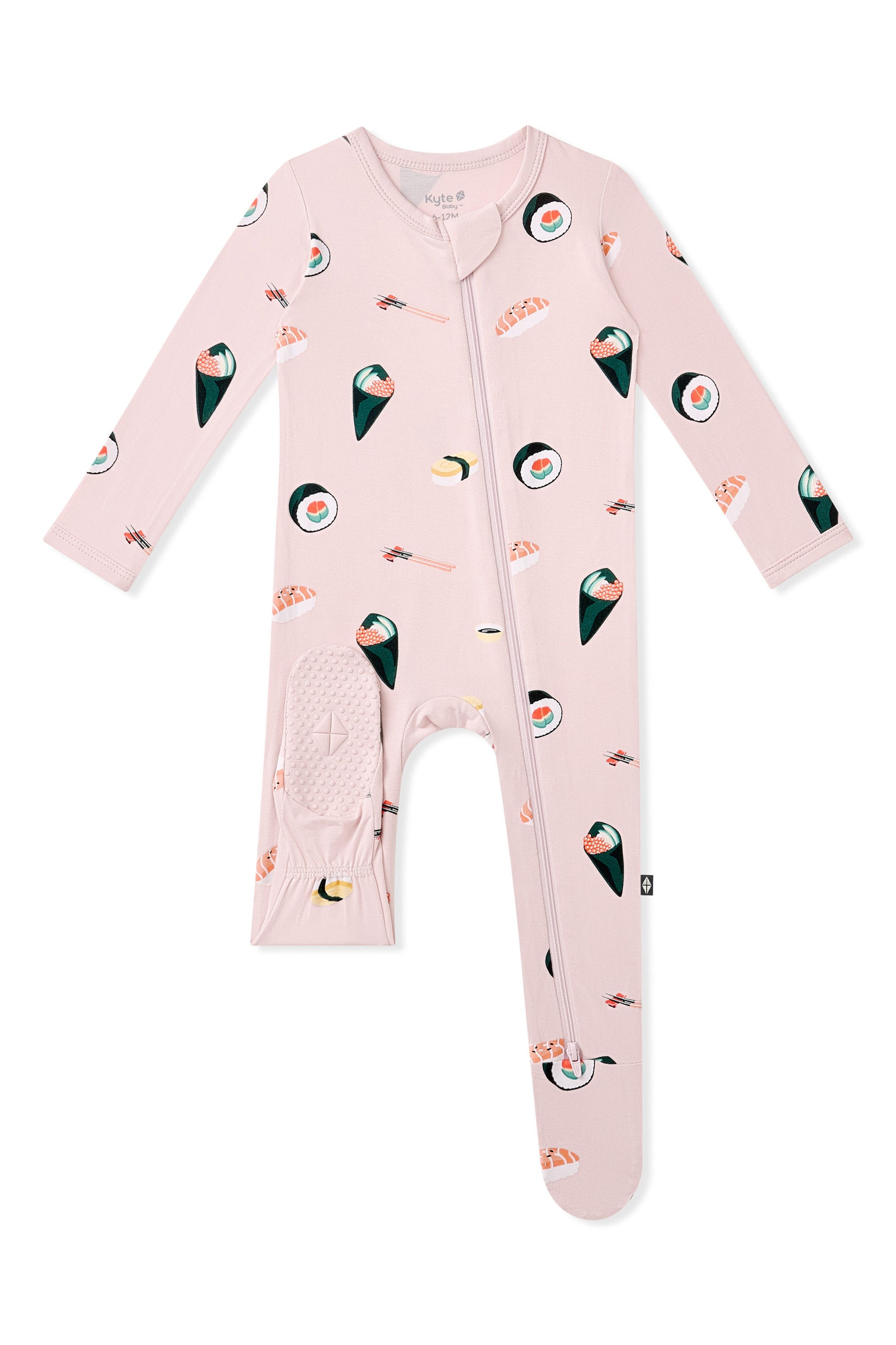 Dotted footie on Pink Zippered Footie with Sushi pattern on a white background