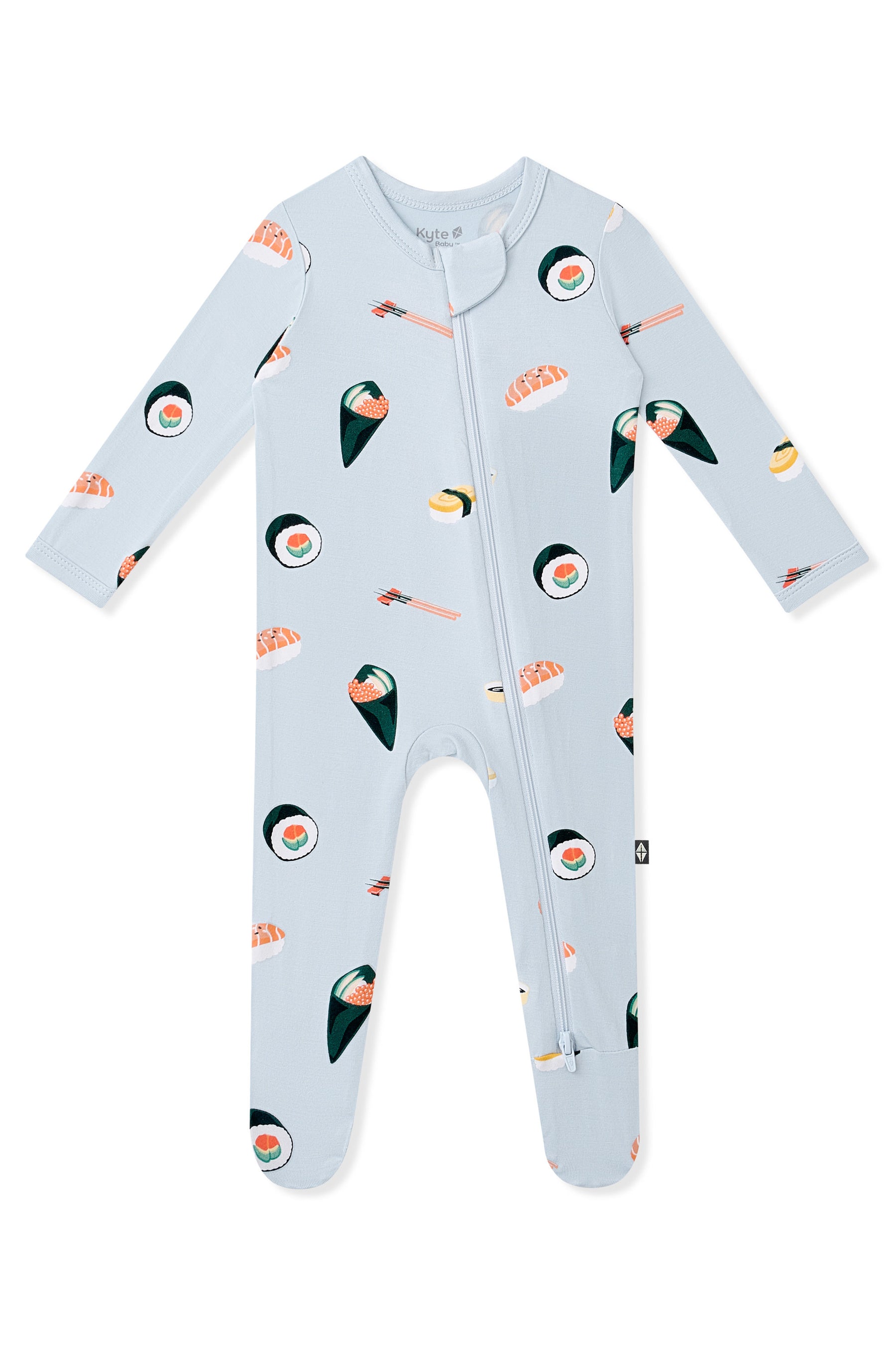 Blue Zippered Footie with Sushi pattern on a white background