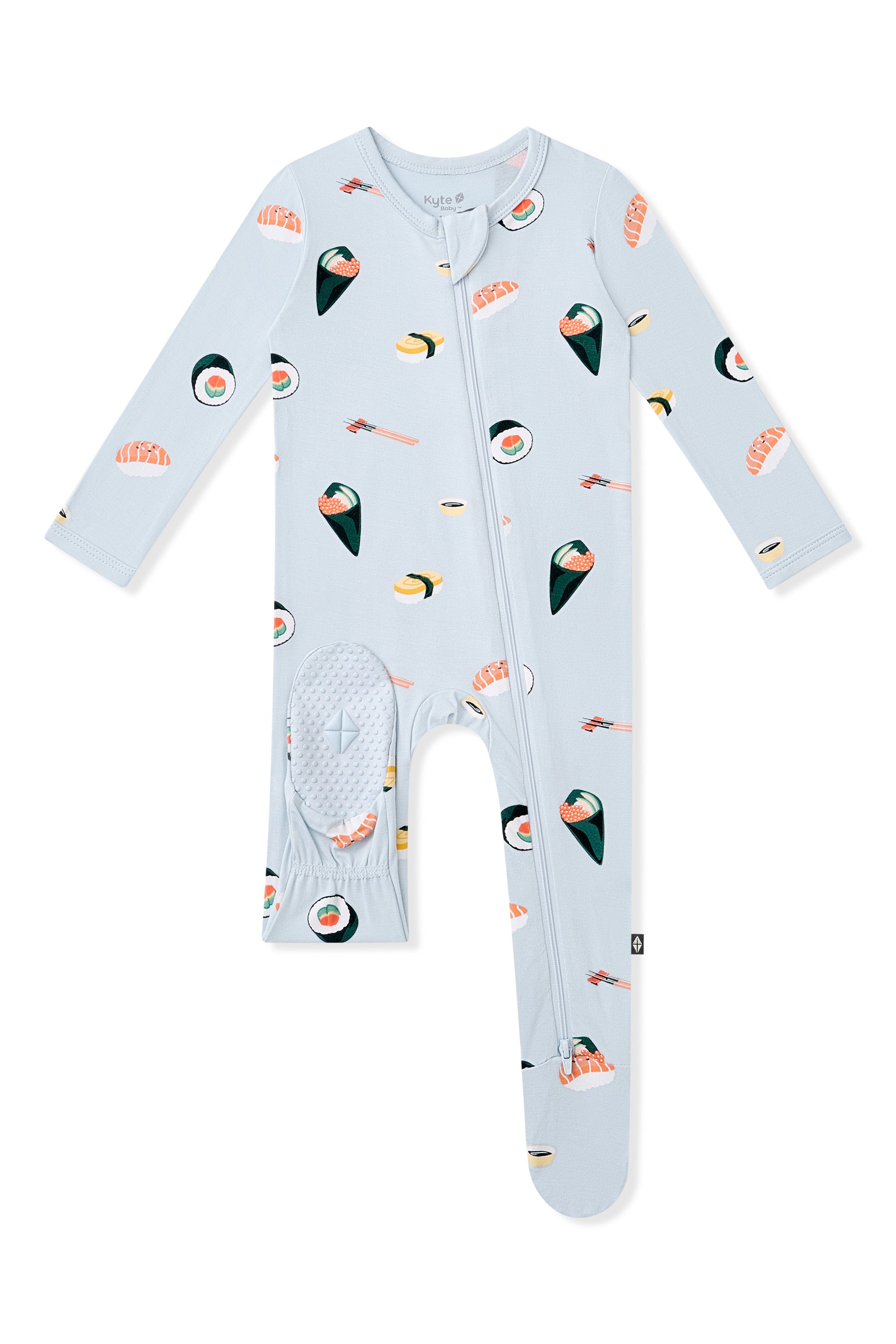 Dotted footie on Blue Zippered Footie with Sushi pattern on a white background