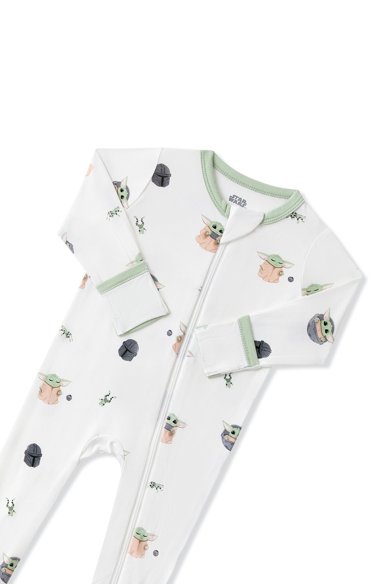 Close up of the zipper garage and fold over hand cuffs on the Zippered Footie in Grogu™