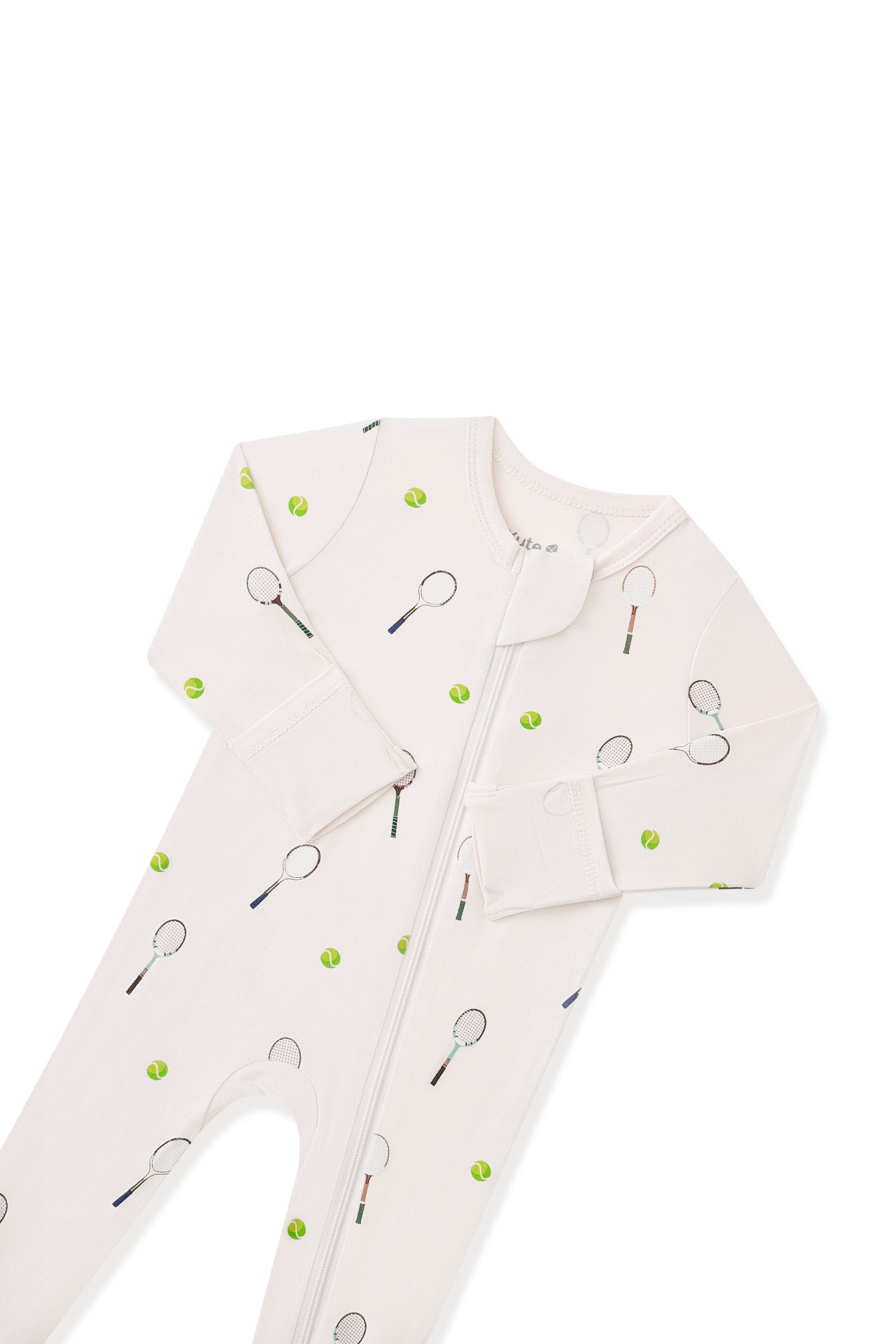 Top part of Zippered Footie in Tennis print on a white background