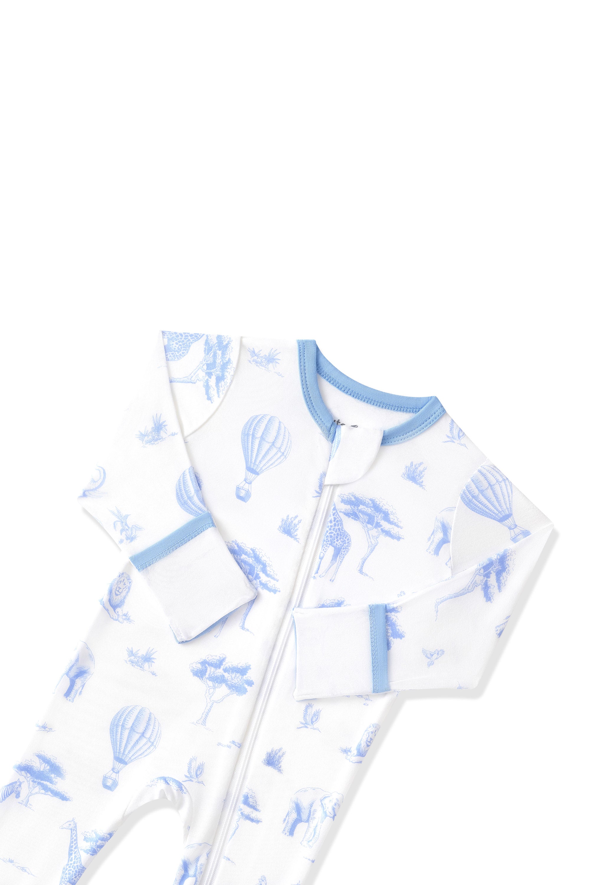 Close up of the zipper garage and fold over hand cuffs shown on the Zippered Footie in Toile Safari