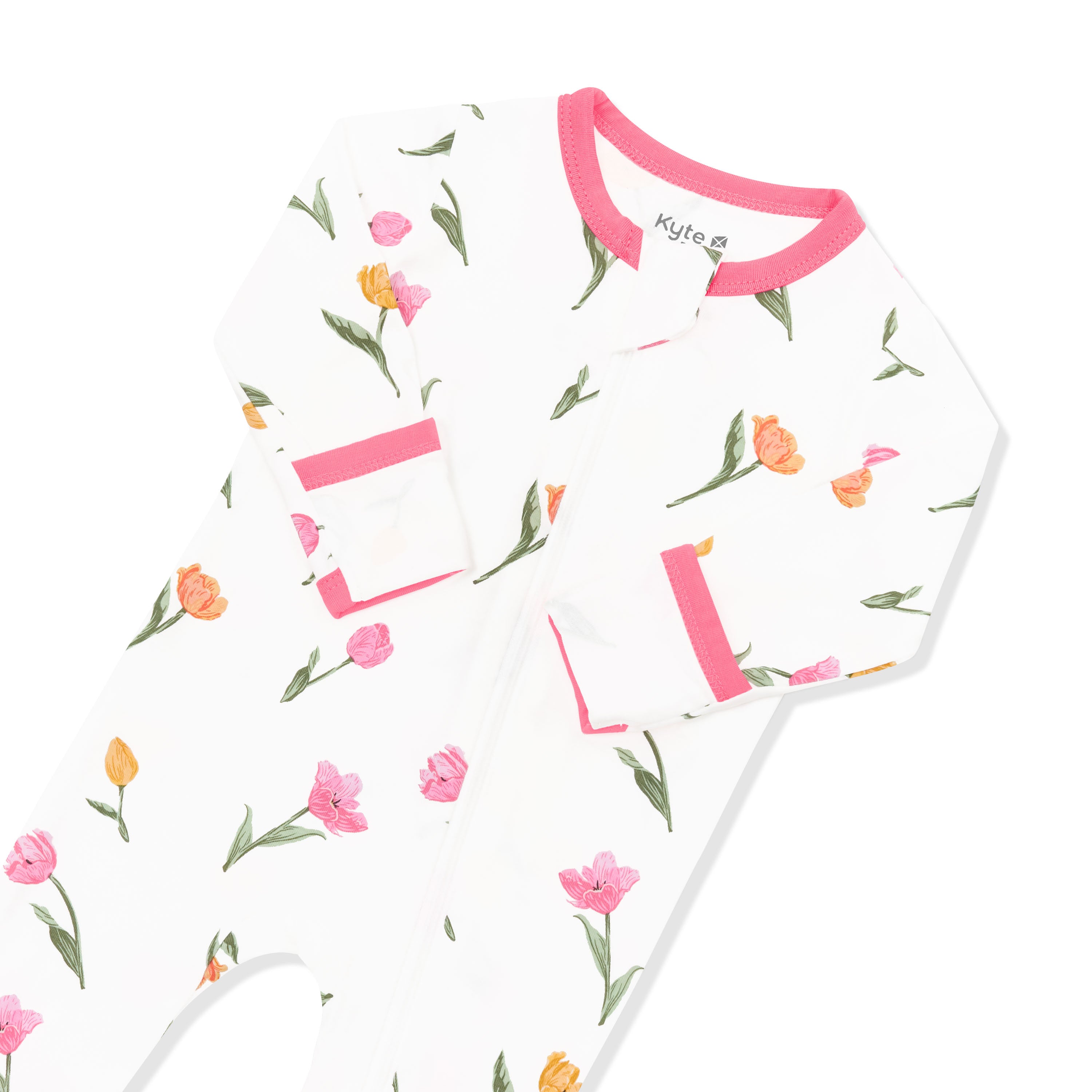 Close up of the zipper garage and fold over hand cuffs on the Zippered Footie in Tulip