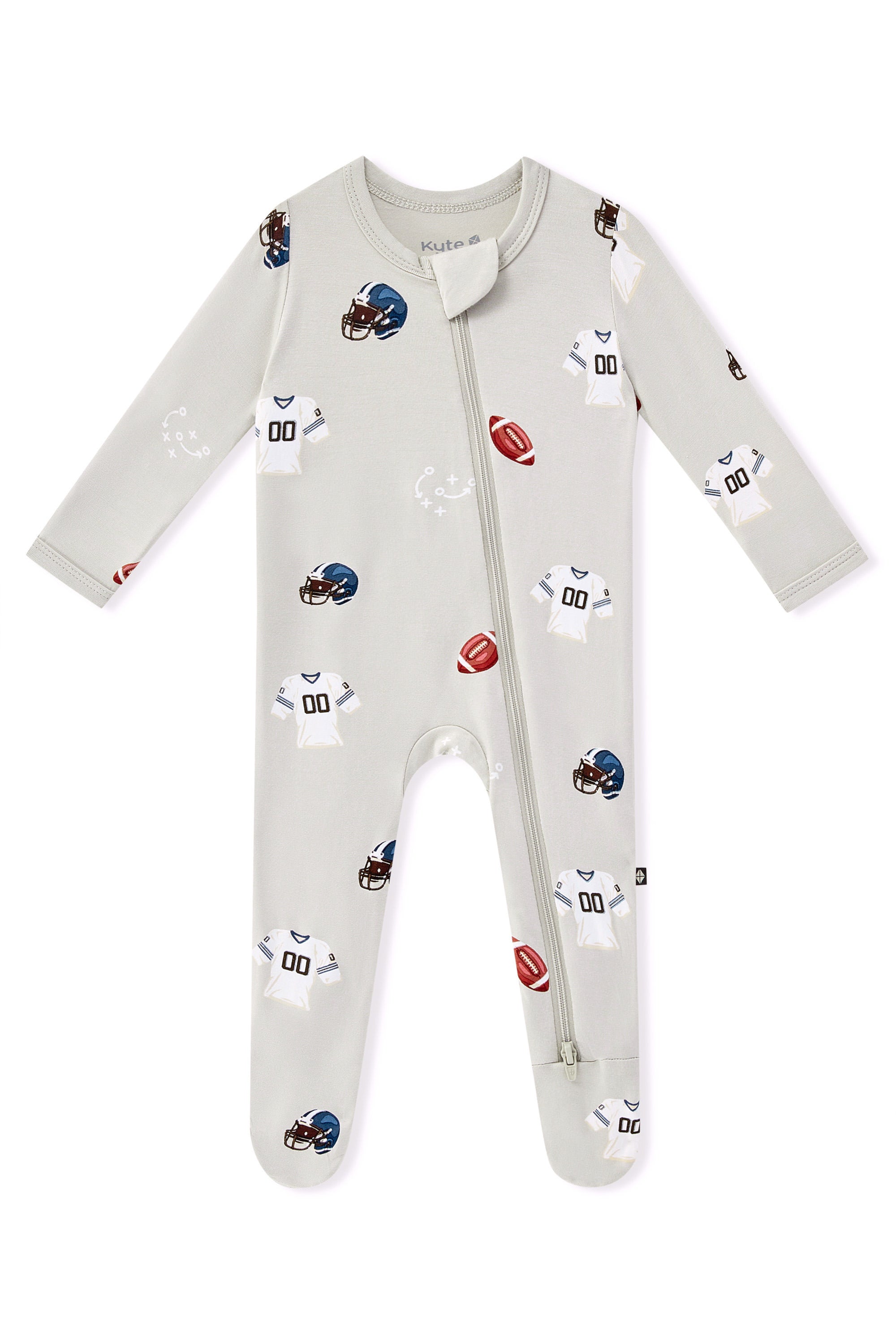 Zippered Footie in Vintage Football print on a white background