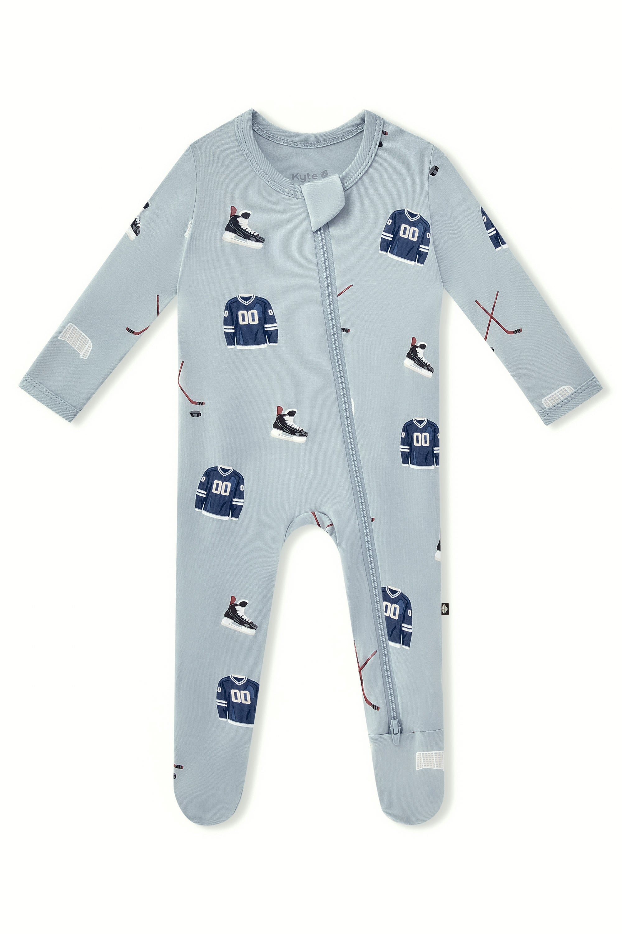 Zippered Footie in Vintage Hockey print on a white background