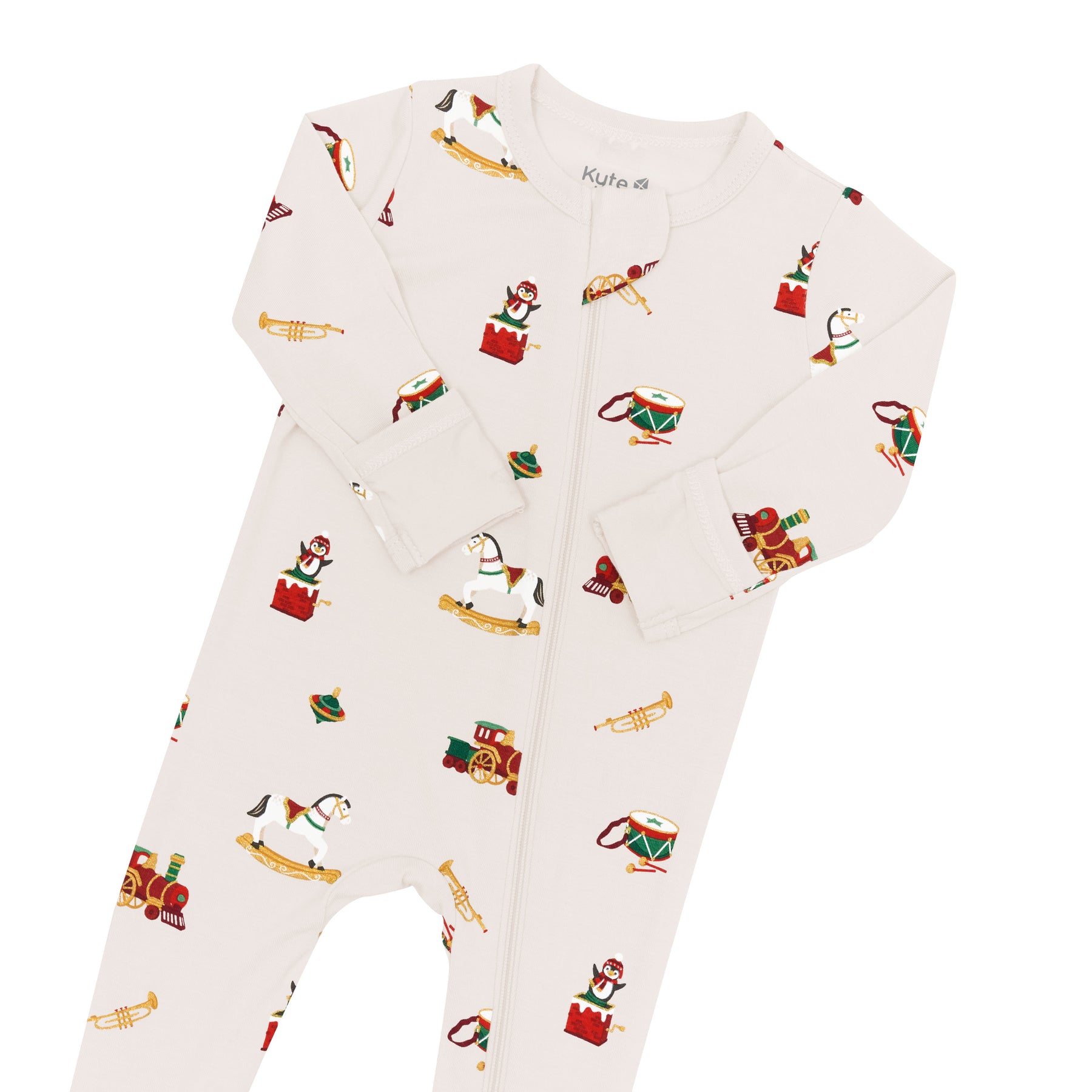 Close up of the zipper garage, zipper track and fold over hand cuffs shown on the Zippered Footie in Vintage Toys