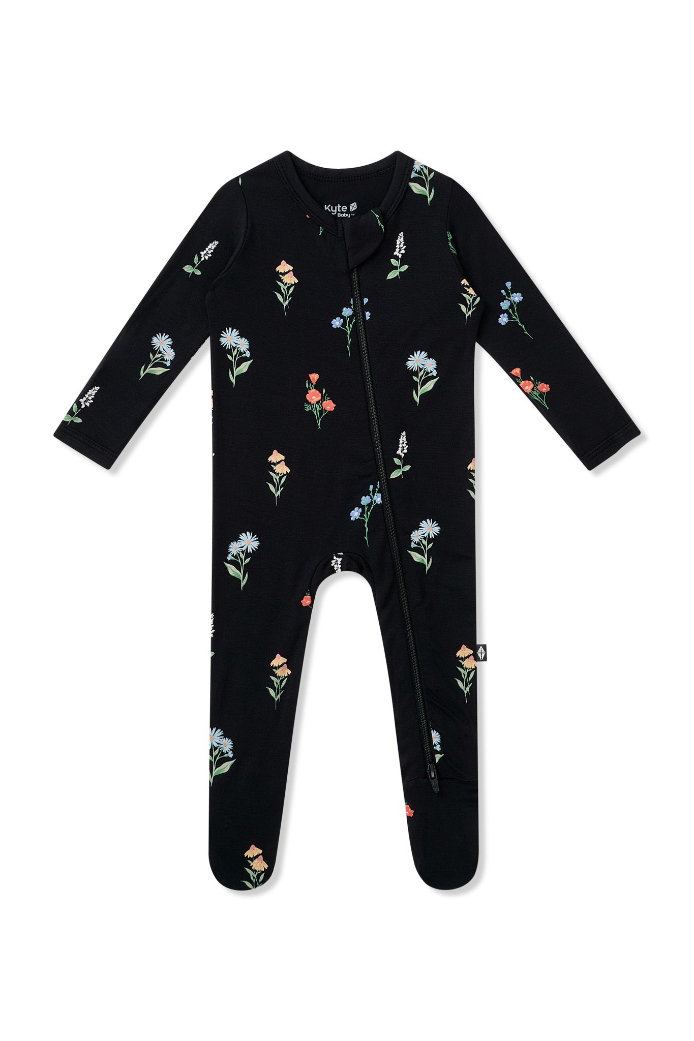 Black Zippered Footie in Wildflower print on a white background