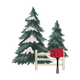 A small illustrated Christmas tree with snow-covered branches, a red roof, and a white body, shown on a plain white background.