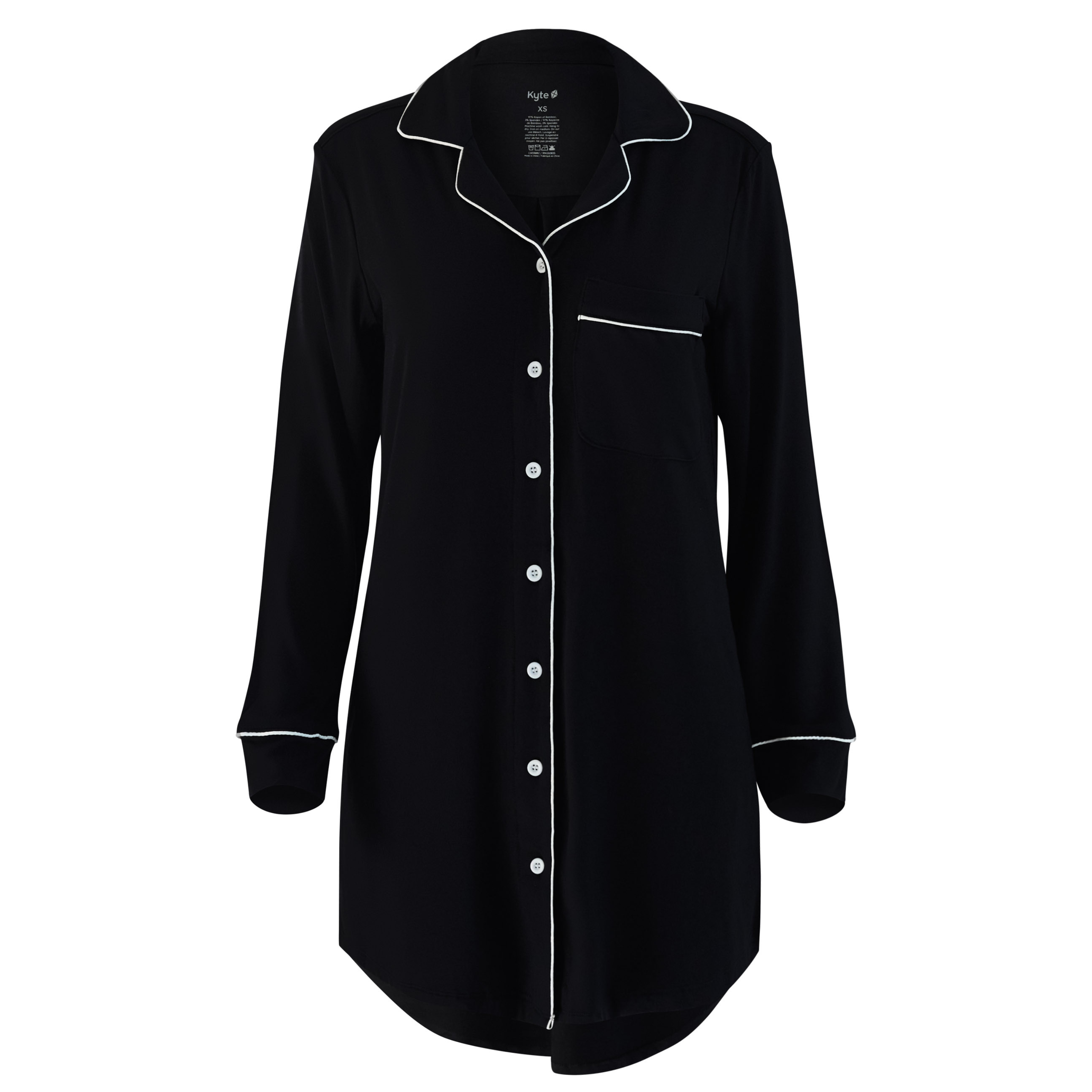 Black nightshirt with white piping on a white background