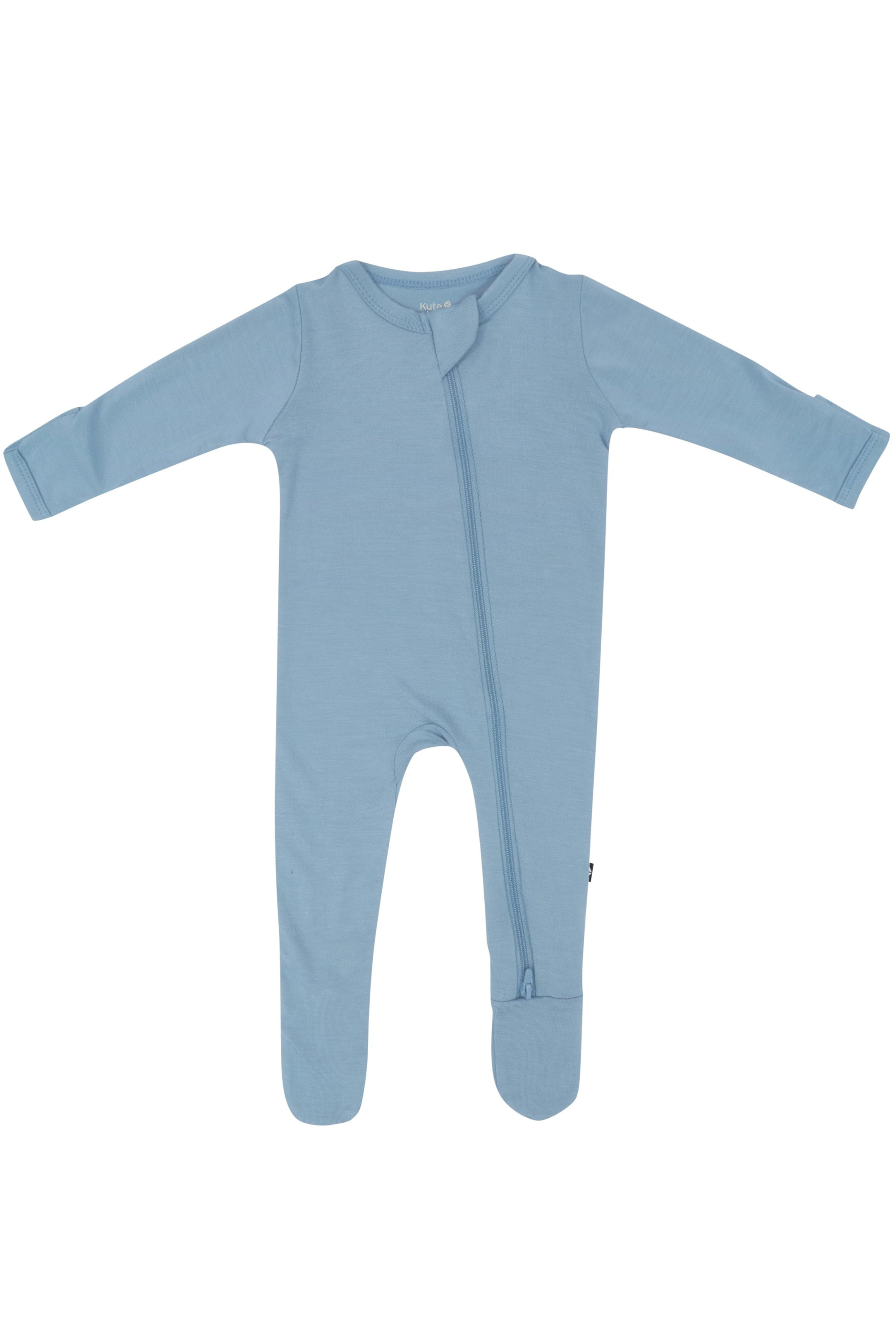 Blue baby footie pajama on a white background