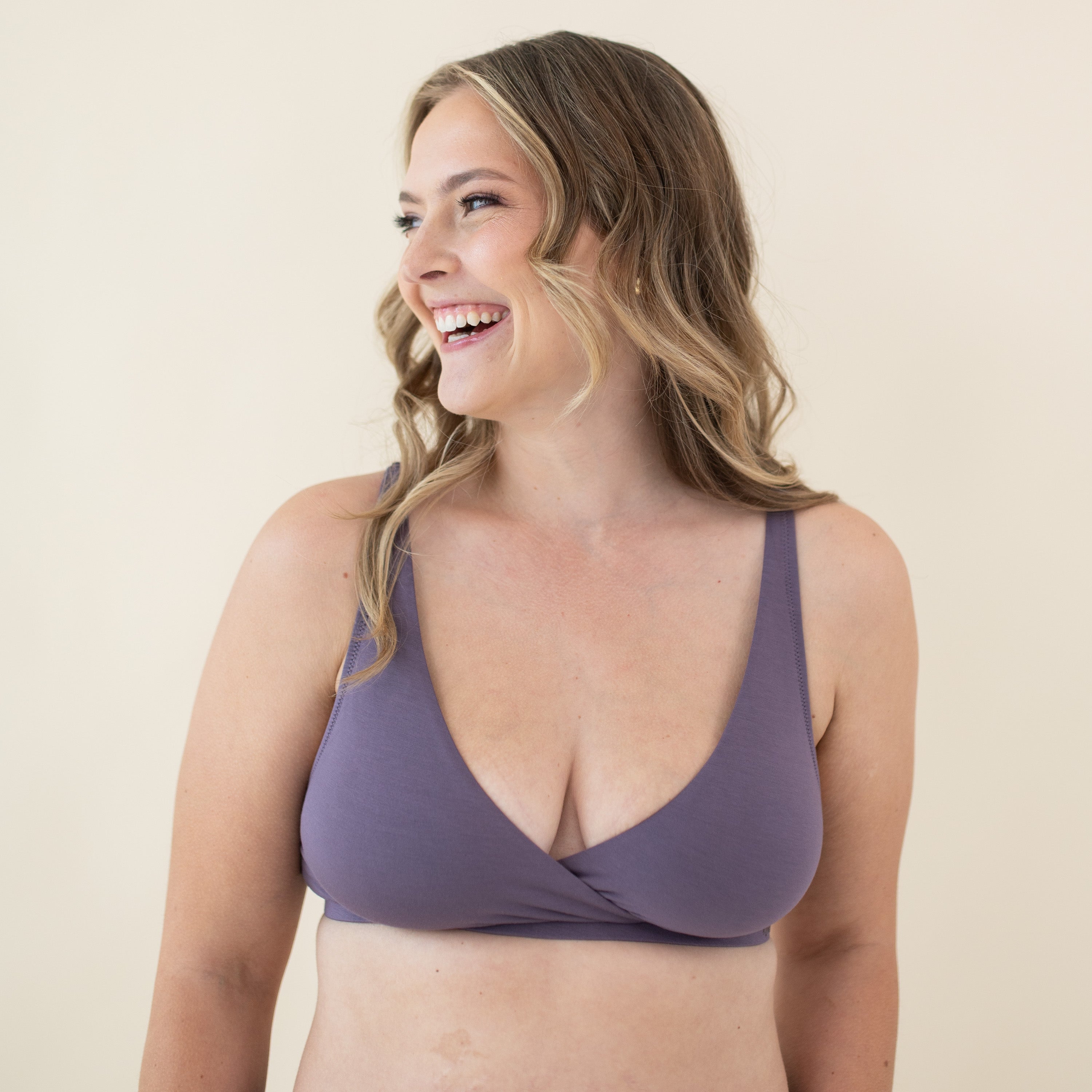 Woman modeling Women's Cross Front Bralette in Currant